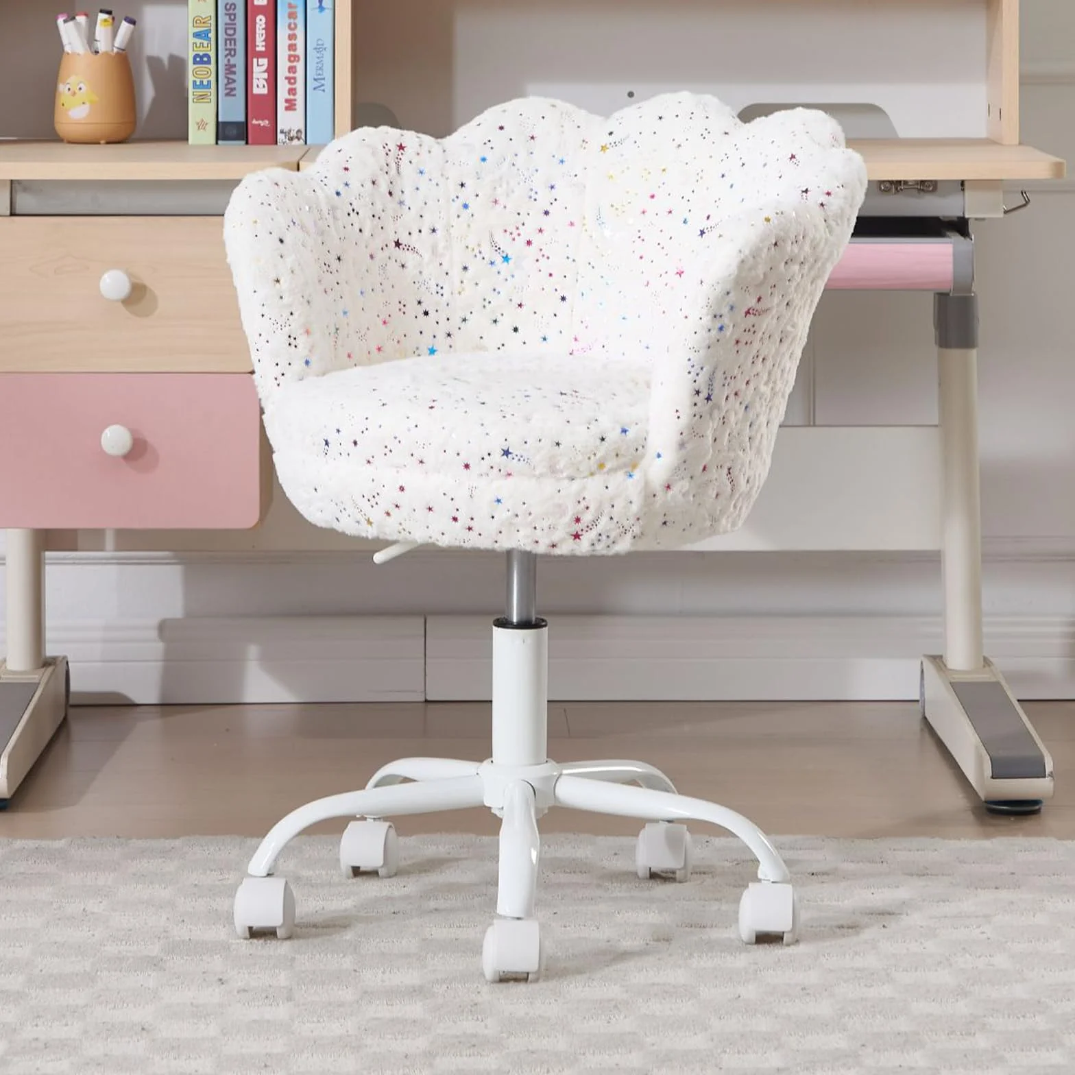 chairus Silla Escritorio Niña de Terciopelo Silla Infantil Giratoria con Ruedas, Sillas de Estudio con Forma de Flor para Niños, Blanco