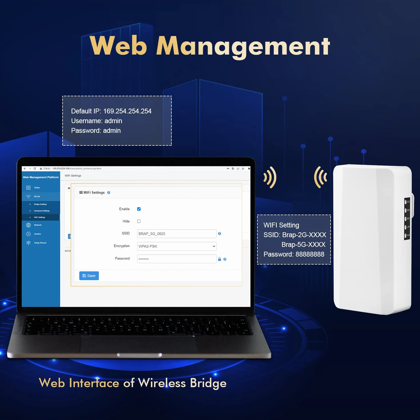 WiFi Bridge Puente inalámbrico para Exterior, Puente inalámbrico inalámbrico inalámbrico con conexión Ethernet de 2,4 GHz 500 m a 1 km de Distancia, 100 Mbps Adaptador PoE de 24 V