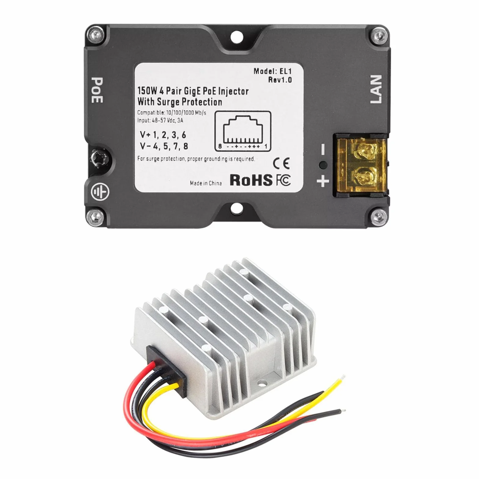 Cryfokt Inyector PoE, 3A 150W GigE Pasivo ABS con Protección contra Sobretensiones ESD y Convertidor Elevador de CC de 12V a 48V, para el Kit de INT
