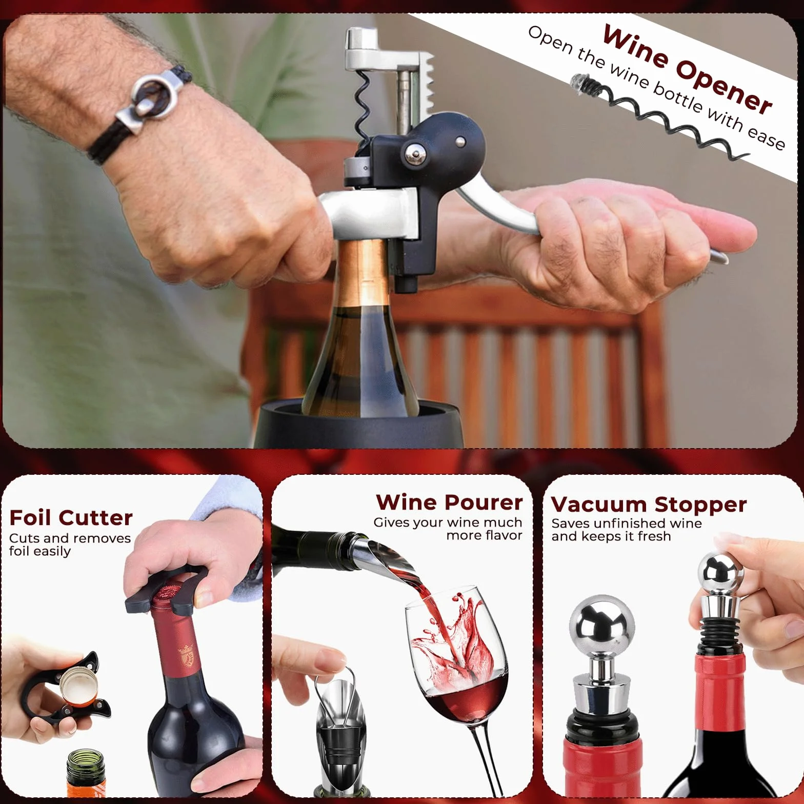 Abridor de Vino Set 5 Piezas Sacacorchos Profesional Manual con Vertedor Tapón Cortacápsulas y Espiral Intercambiable