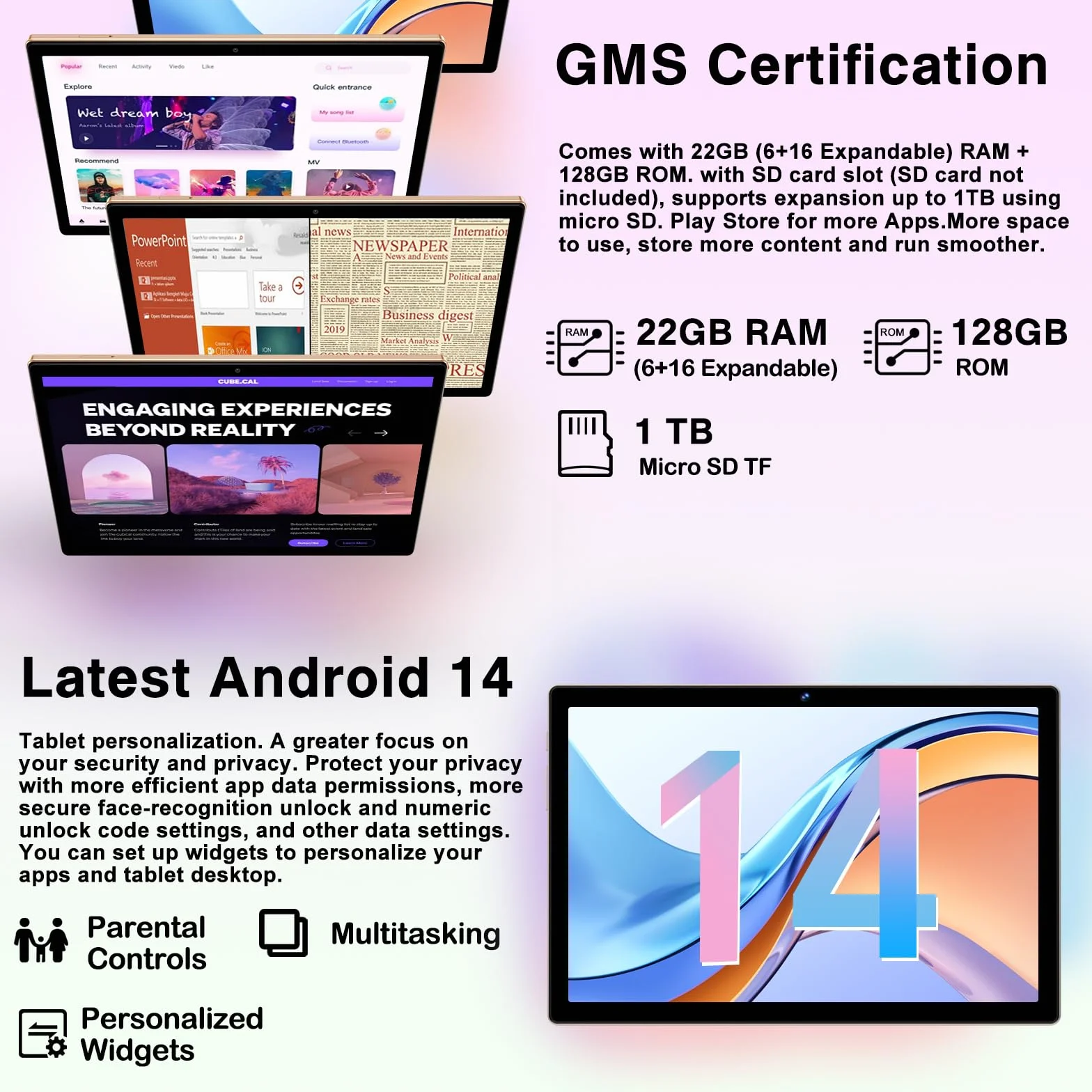 2026 Último Tablet 10 Pulgadas Android, 22GB RAM + 128GB ROM (TF 1TB), Octa-Core 2.0GHz, 5G WiFi, GMS, Widevine L1, 5MP+8MP, 1280*800 Pixels, Bluetooth 5.0, Tableta con Funda, Ratón & Teclado - Dorado