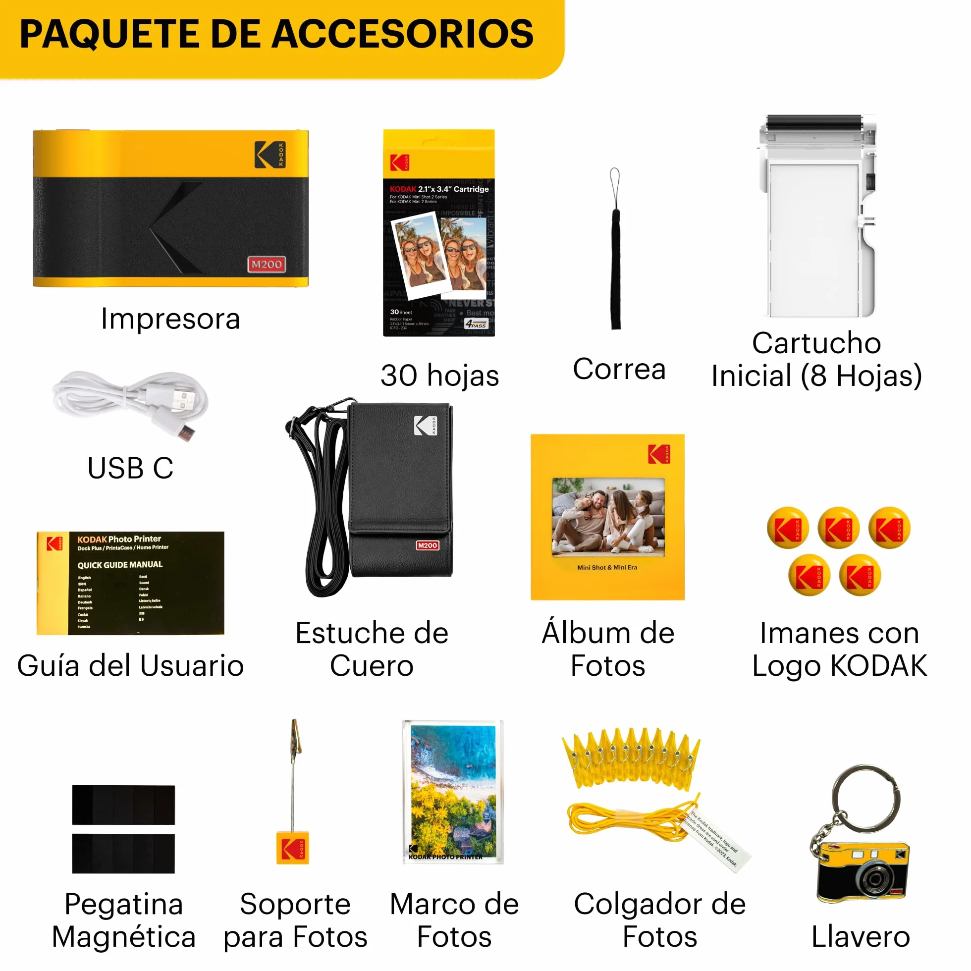 KODAK Mini 2 ERA 4PASS Impresora de Fotos Portátil (5,3x8,6cm) (Impresora + Pack de Regalo con 38 Hojas (8 Hojas Iniciales + 30 Hojas), Amarillo)