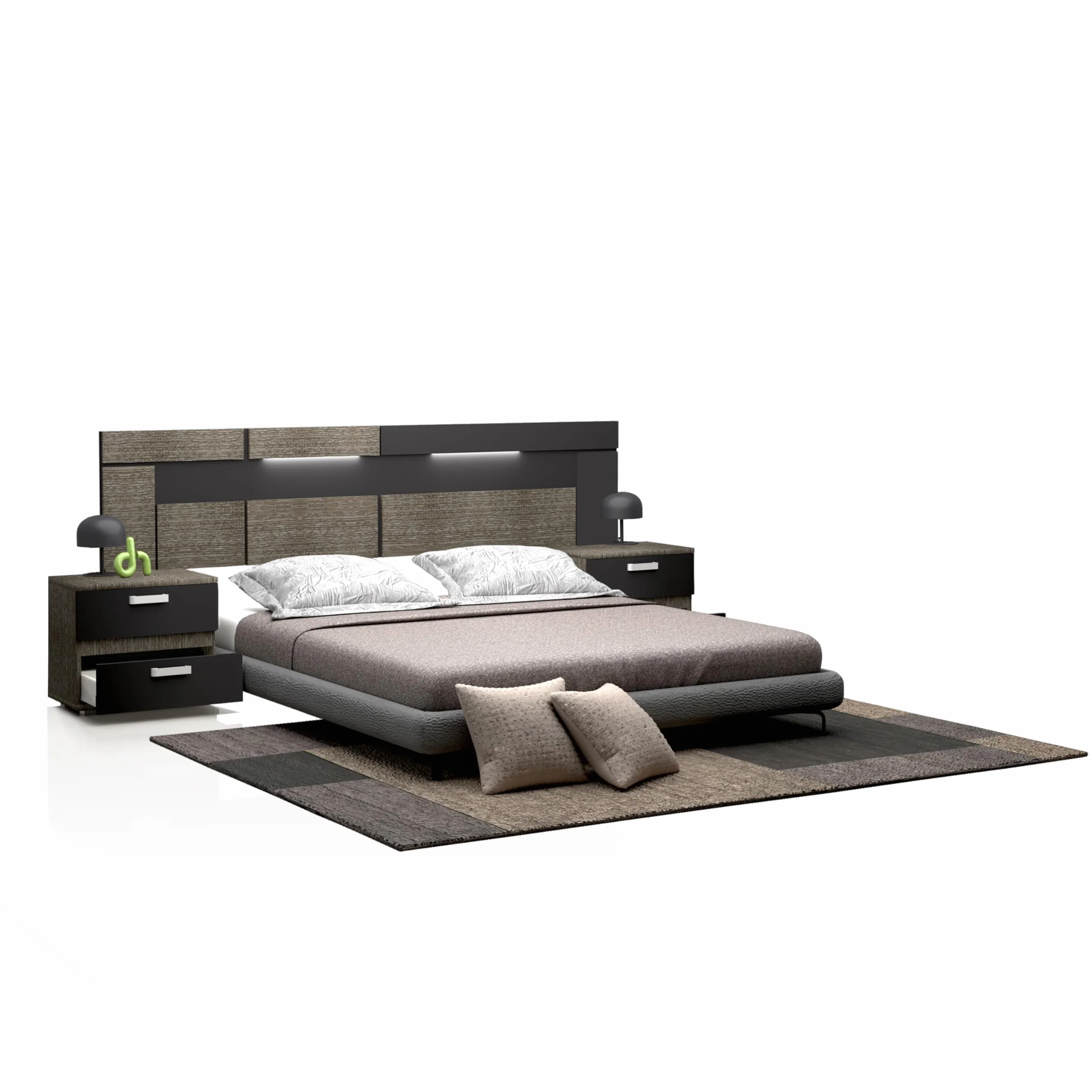 duehome | Pack Cabecero con Leds y 2 Mesitas de Noche, Dormitorio Doble, Dormitorio Completo, Modelo Ataneq Dark, Acabado en Ceniza y Negro