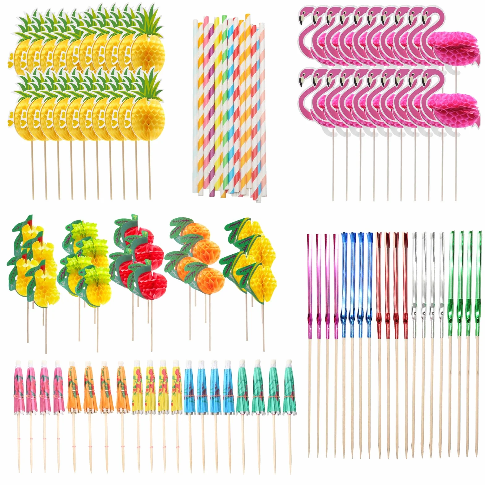 Paraguas de Cóctel, Pajitas de Papel, Palitos de Fuegos Artificiales, Palitos Flamencos, 120 Piezas Decoración de Cócteles para Fiestas