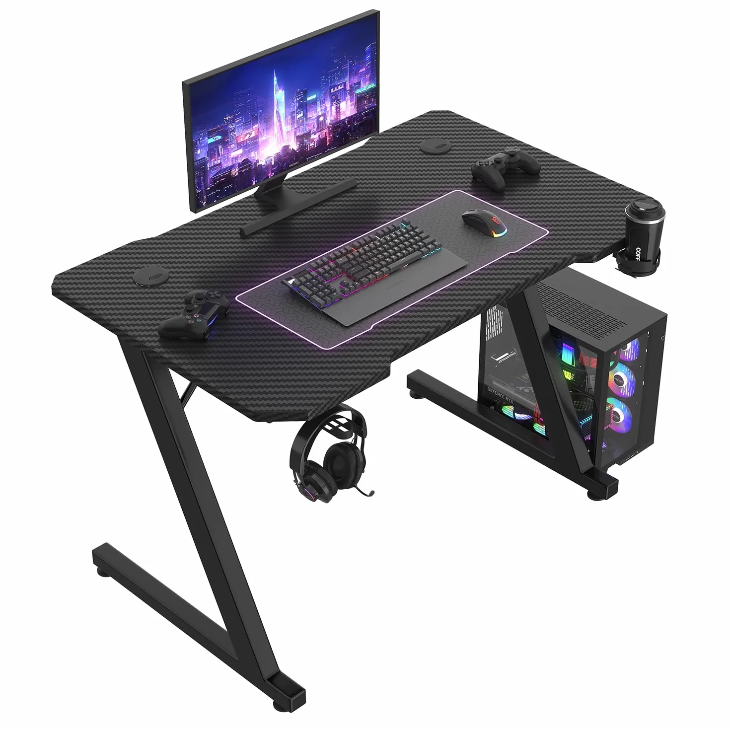 JUMMICO Escritorio Gaming 80x50cm, Fibra de Carbono con Portavasos y Soporte para Auriculares, Estructura Metálica Negra