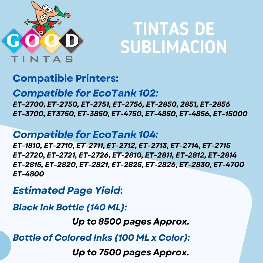 Tinta de Sublimacion de 440 ML Compatible con Impresoras EP Ecotank Supertank Serie 102 104 para Transferencia de Prensa de Calor en Tazas, Fundas para Telefonos, Camisetas, Bolsas, etc.