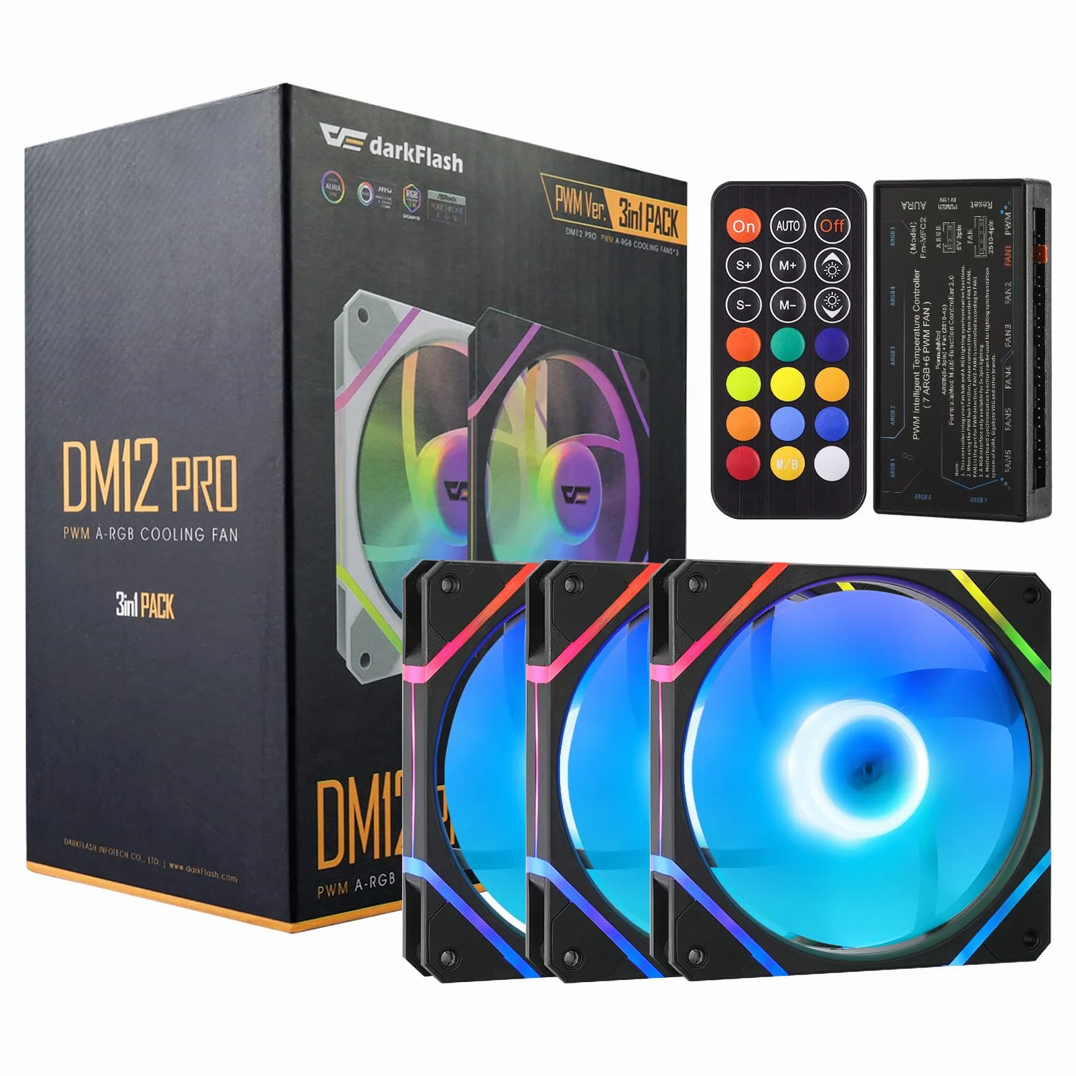 darkFlash Paquete de 3 ventiladores de carcasa de PC de 120 mm con concentrador de controlador y control remoto, PWM ARGB Sync, ventiladores de refrigeración RGB direccionables para carcasa de