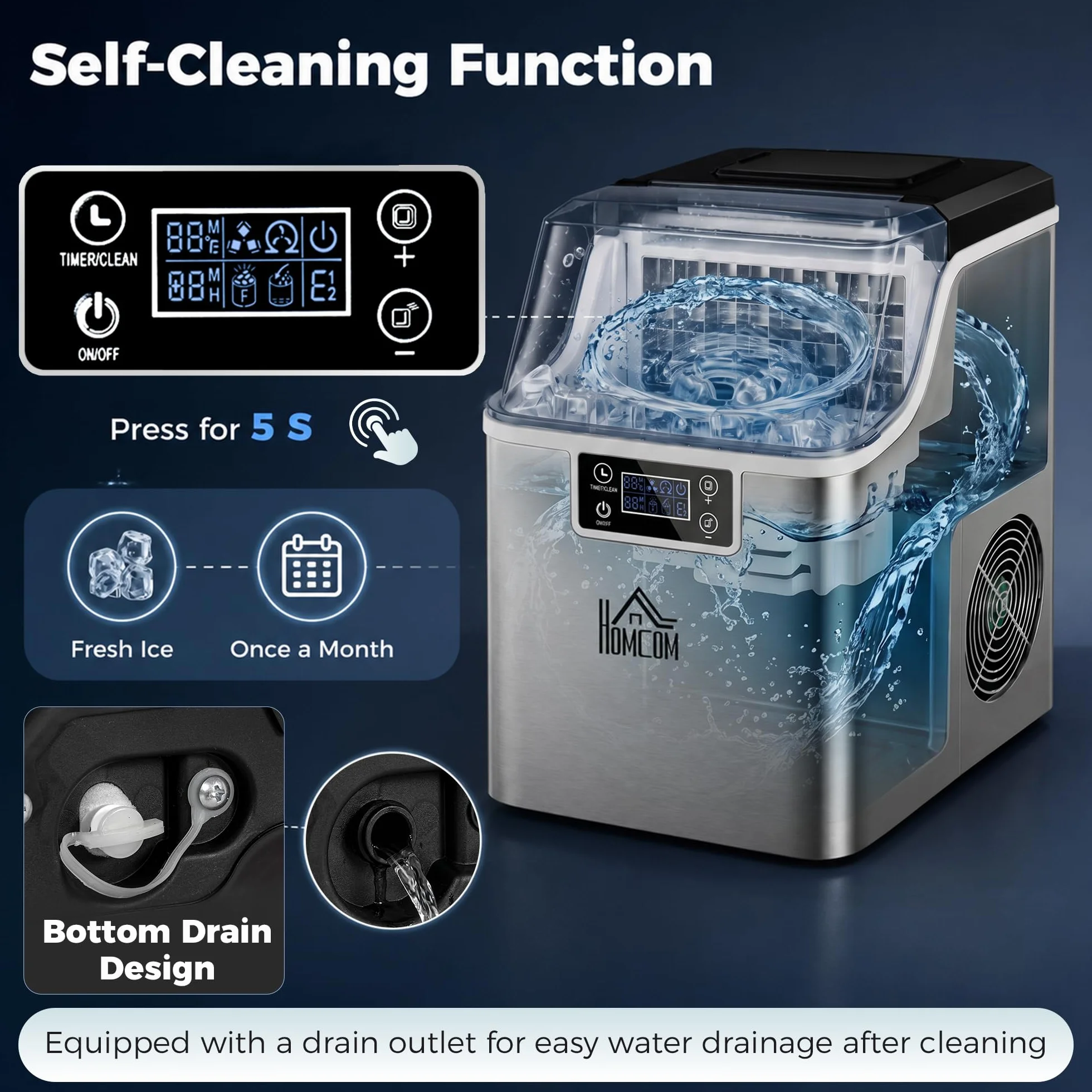 HOMCOM Máquina de hielo acero inoxidable 24 cubitos 14-18 min 20 kg/24h 3,2 L autolimpiable cocina