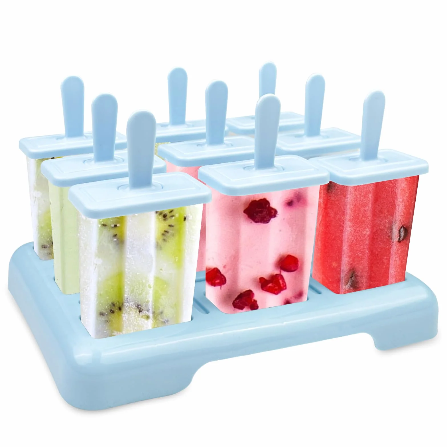 Traxenta 9Pcs moldes helados, reutilizable molde helado, Alimentaria libres de BPA, Incluye cepillo de limpieza y embudo de silicona, para Paletas y Helados Caseros (9 Cavidades-azul)