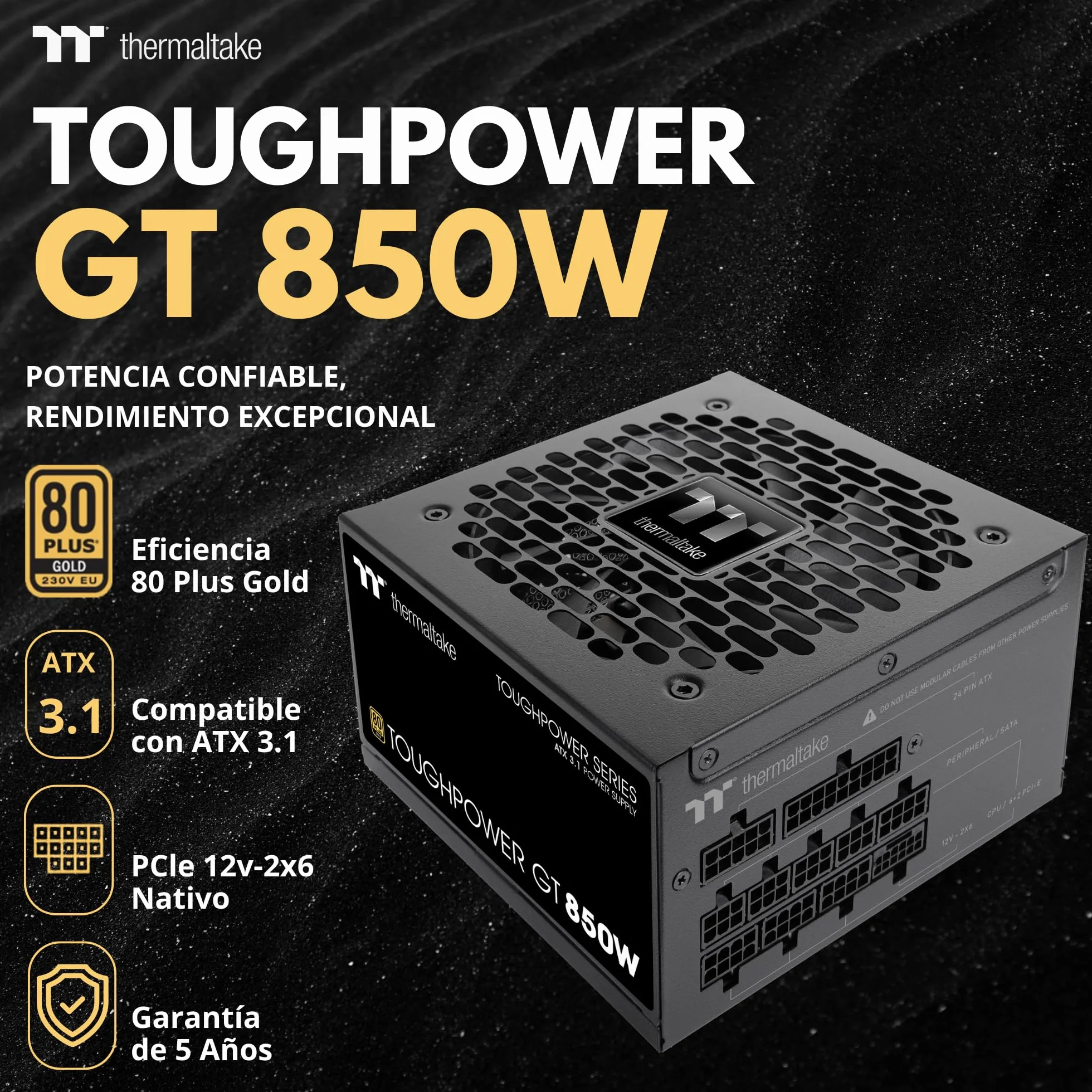 Thermaltake Toughpower GT 850W | Fuente de Alimentación Totalmente Modular ATX 3.1 | PCIe 5.1 12V-2x6 Nativo | 80 Plus Gold | Ventilador 120mm Silencioso | Smart Zero Fan | 5 Años Garantía | Negro
