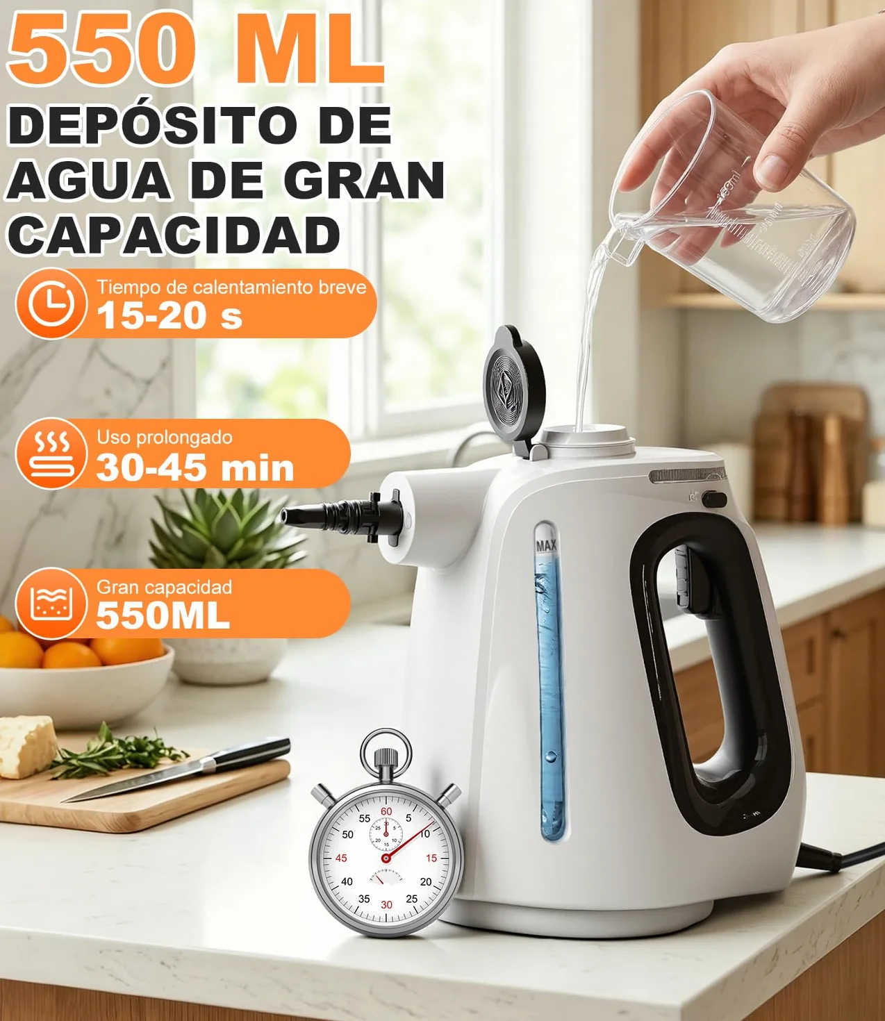 Limpiador de Vapor Portátil 1350W, Vaporeta Hogar con Depósito 550 ml, 10 Accesorios