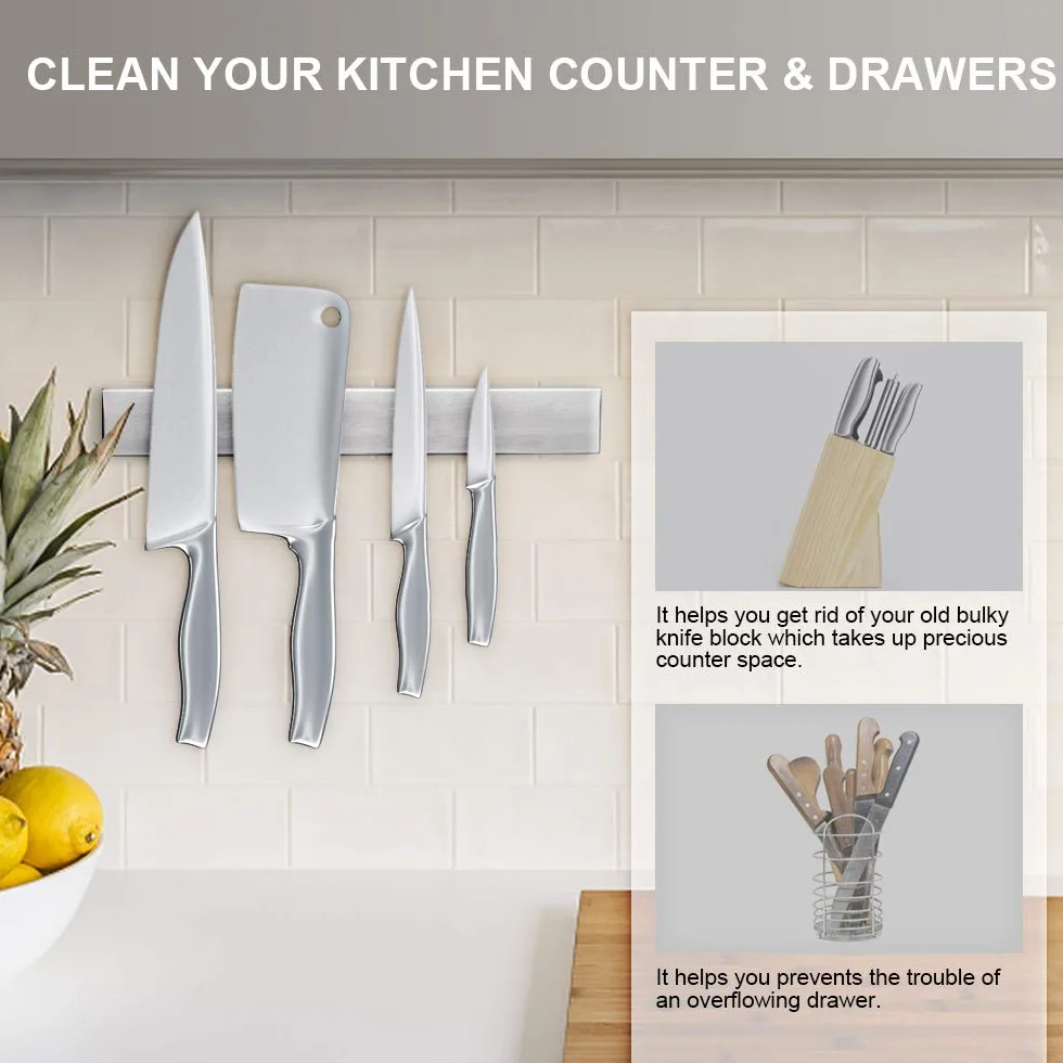Ninonly Barra Magnética para Cuchillos 30cm, Soporte Adhesivo de Acero Inoxidable para Cocina