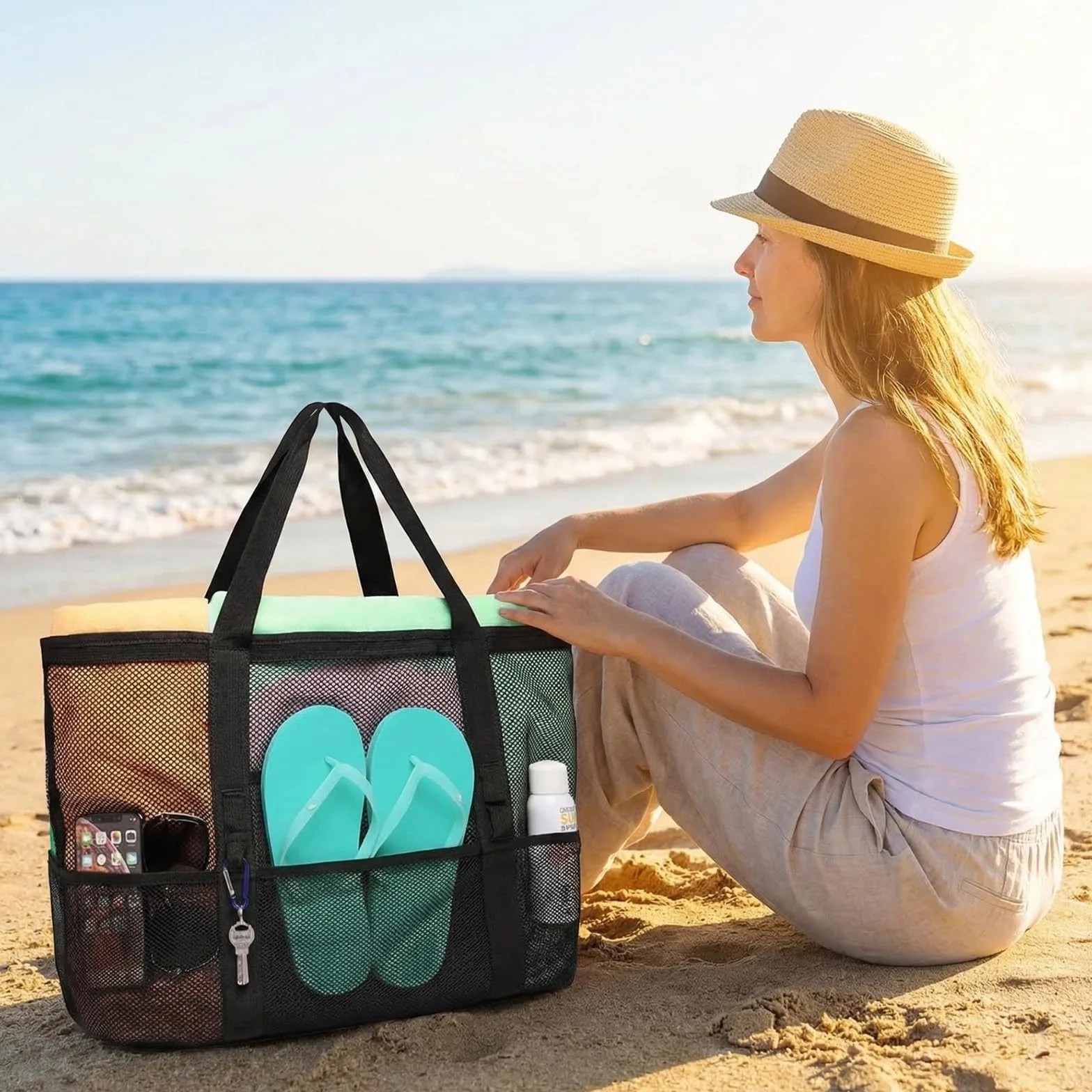 Bolsa de playa de malla grande reutilizable con cremallera, bolsa de cosméticos plegable (negro)