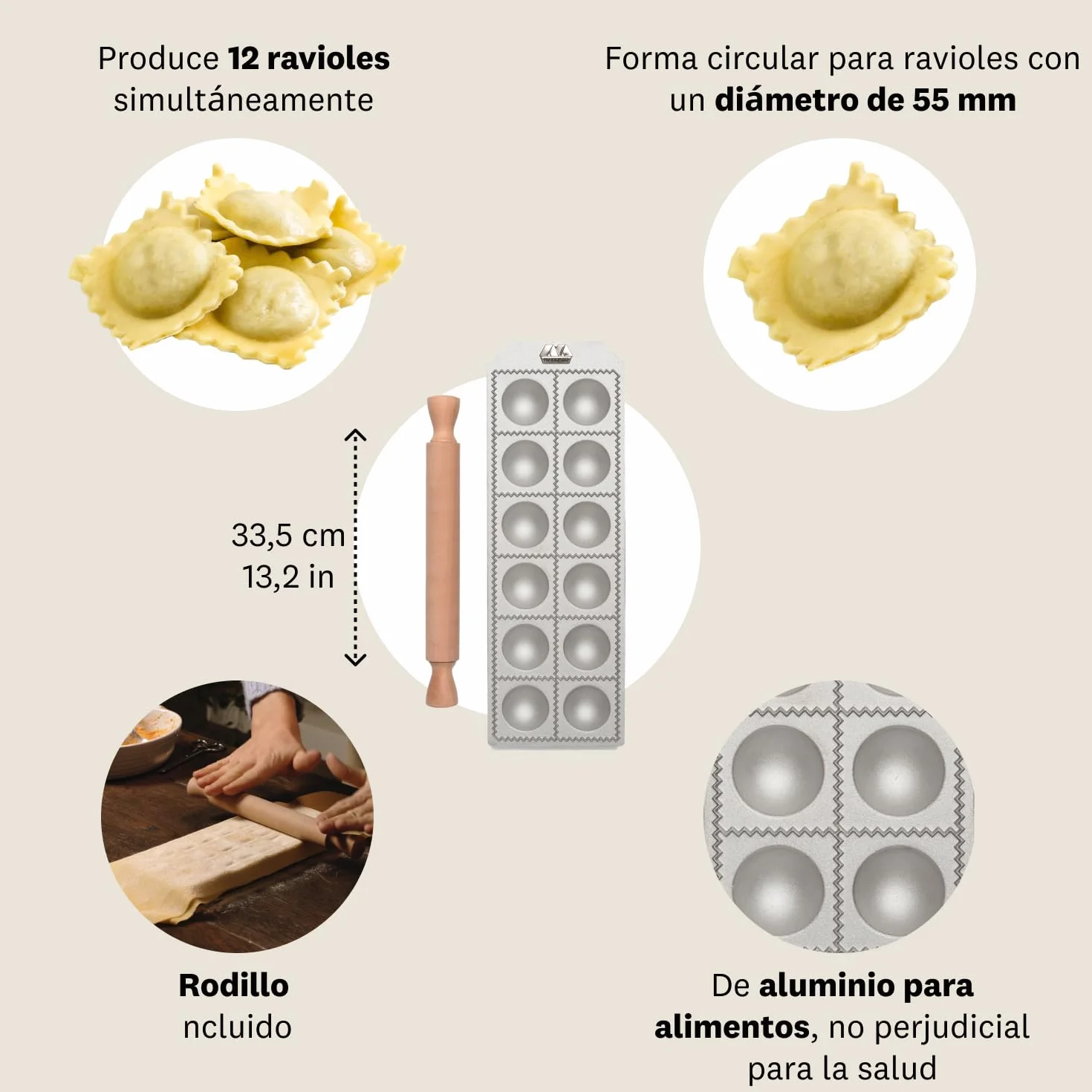 Marcato Máquina para Raviolis, Molde Raviolis Caseros, Corte 50 mm, Rodillo Madera