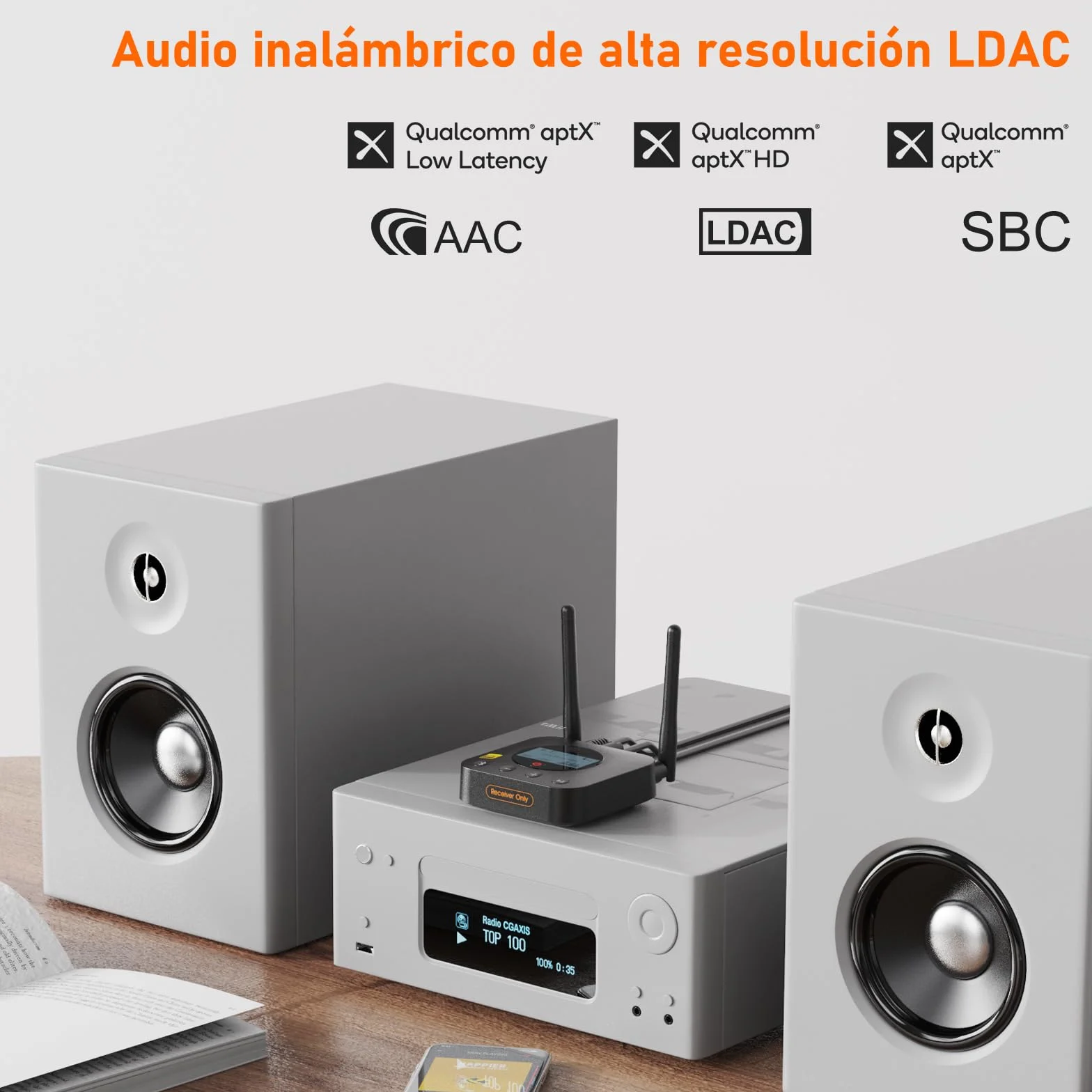 1Mii B06Pro+ Receptor Bluetooth 5.3 HiFi, Adaptador Audio Hi-Res LDAC, aptX Baja latencia/HD con Pantalla LCD, Salida Óptica AUX 3.5mm, Control Volumen, Largo Alcance 60m para Estéreo, Amplificador