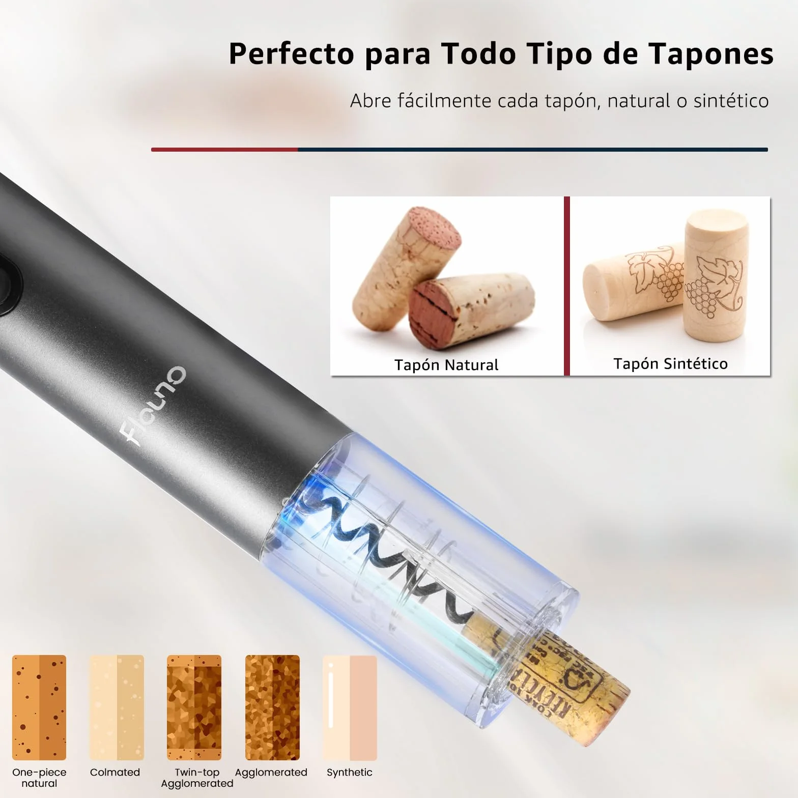 Flauno Sacacorchos Eléctrico 6 en 1 Recargable con Abridor de Vino, Corta Cápsulas, Vertedor y Tapón