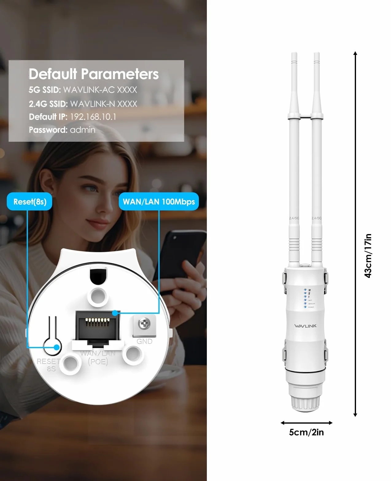 WAVLINK AC1200 Repetidor WiFi Exterior Largo Alcance PoE - Amplificador de Señal Doble Banda 2.4G+5G IP67 Impermeable, Punto de Acceso Outdoor con Antenas Potentes, Ideal para Jardín Piscina Parking