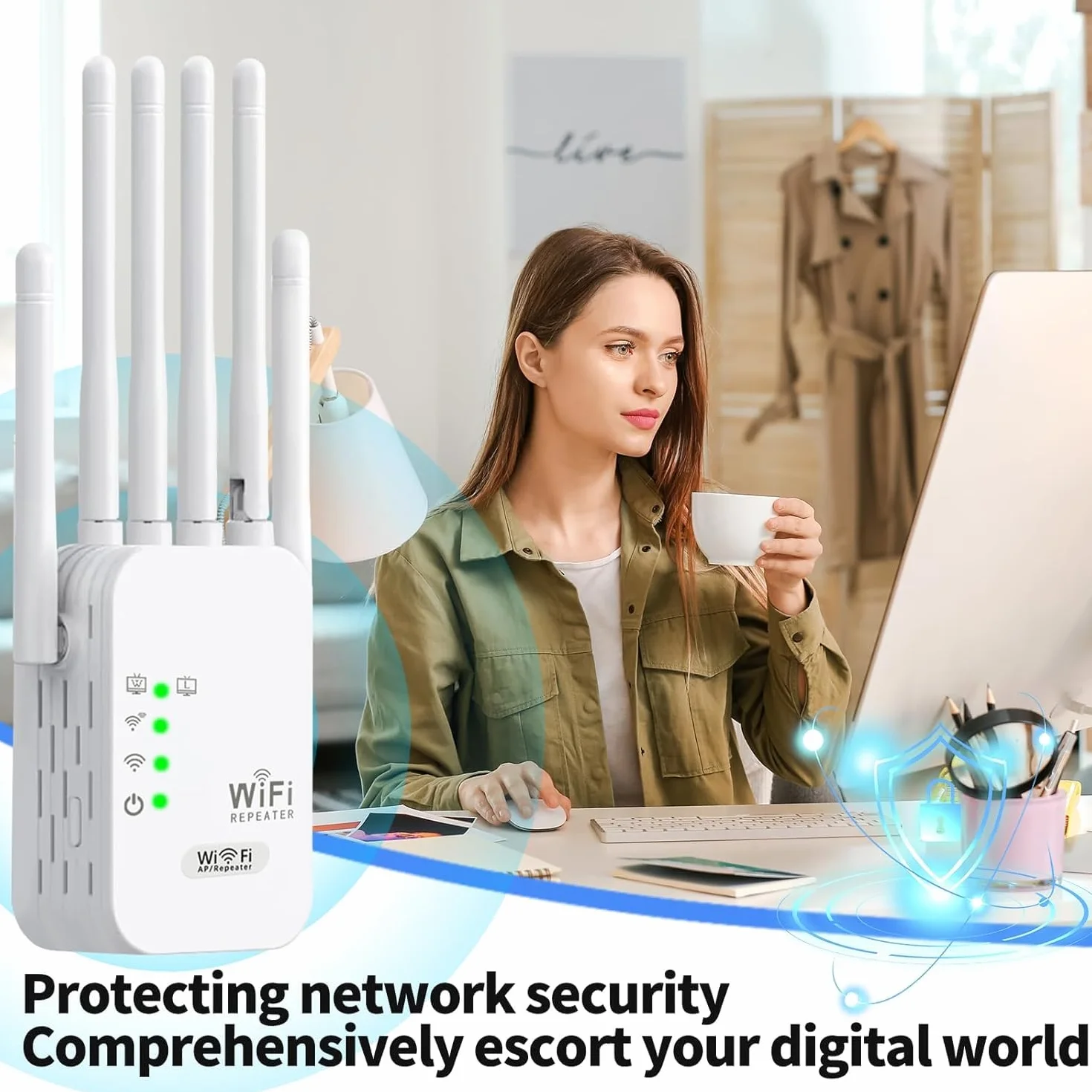 Amplificador señal WiFi, Repetidor WiFi 1200 Mbps,6 Antenas 2 Puertos LAN, Extensor WiFi, Cobertura de hasta 13000 Metros Cuadrados，Adecuado para oficinas y hogares, fácil de Instalar (Blanco)