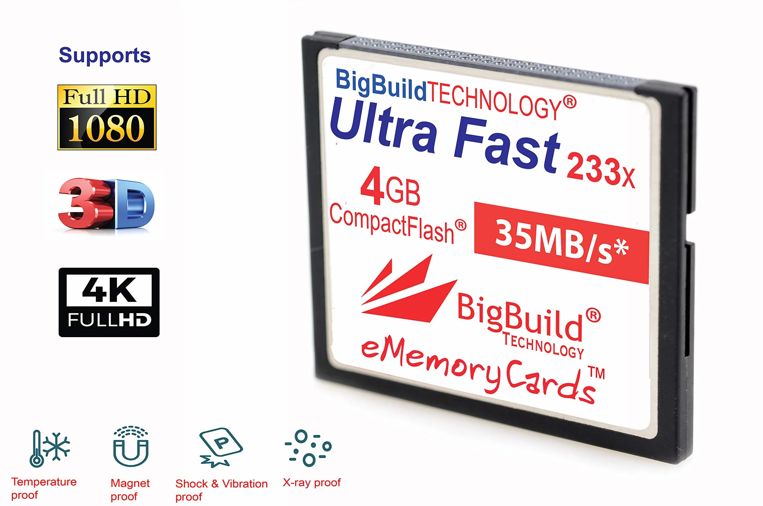 eMemoryCards Tarjeta de Memoria CompactFlash 4GB Ultra Fast 35MB/s Compatible con Canon 10D/20D/30D/40D/50D/1D/1Ds/5D/5Ds/7D Mark I/II/III/IV, Nikon D, Olympus E, Sony Alpha, Leica S Cameras