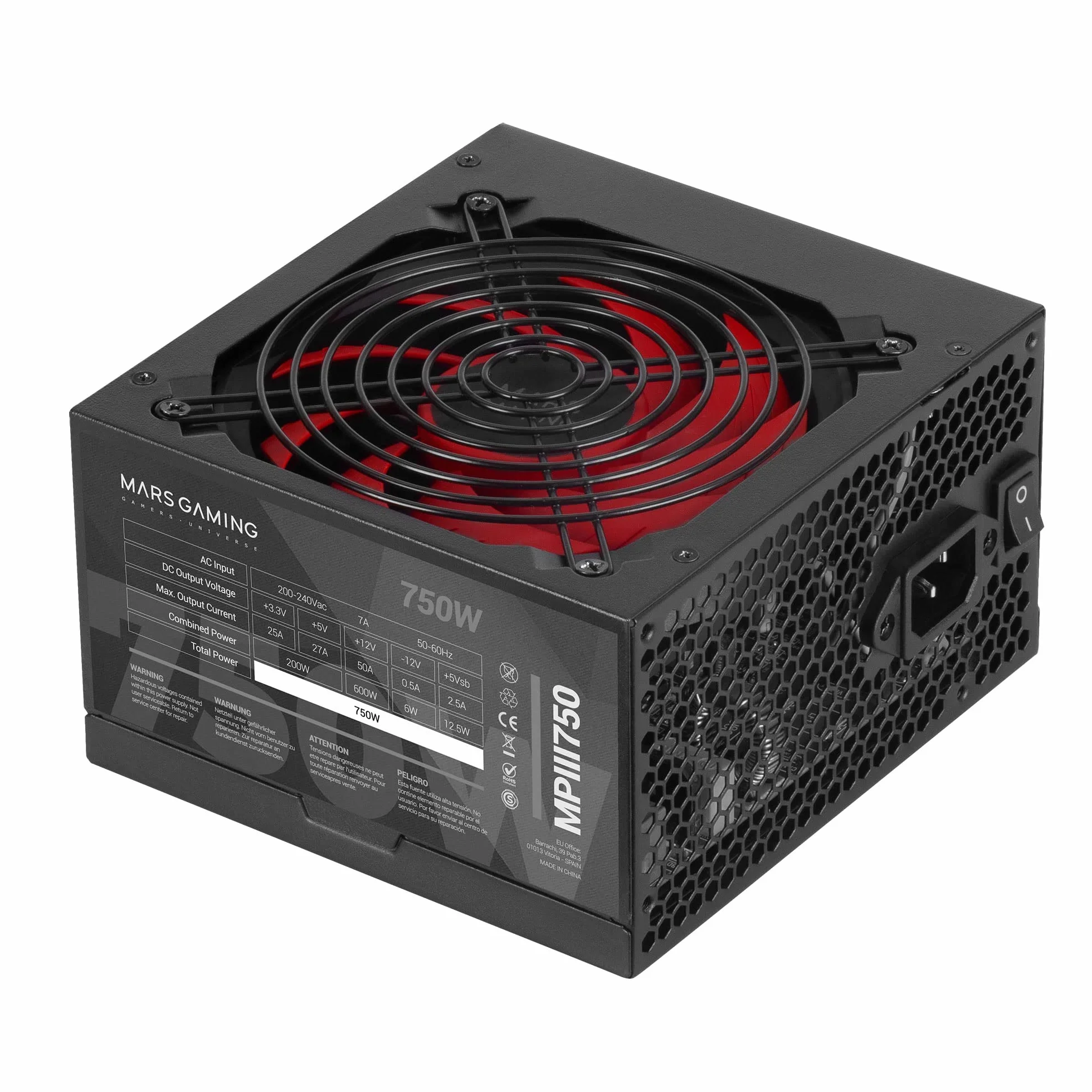 Mars Gaming MPIII750, Fuente Alimentación ATX 750W, 5 Años de Garantía, 85% Eficiencia, Sistema Digital APFC, Ventilador FDB 120mm AI-RPM, Tecnologías DC-DC y SMD, Cables Planos Extralargos, Negro