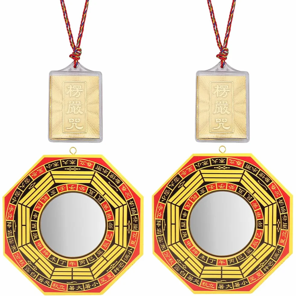 PLIGREAT Juego de 2 espejos Bagua, espejo Bagua para protección de madera, espejos cóncavos y cóncavos tradicionales chinos Feng Shui, 2 colgantes dorados para el hogar, protección activa y pasiva de