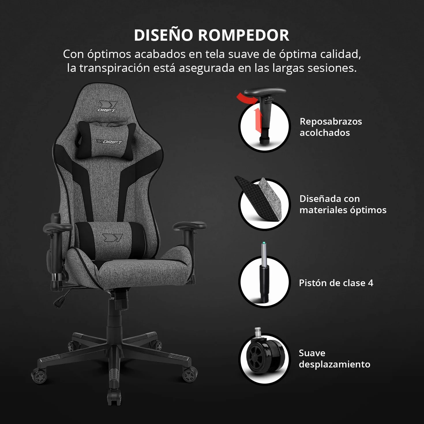 DRIFT GAMING DR90 Silla Gaming Ergonómica Respaldo Reclinable 135° Brazos 2D Ajustables Tejido Transpirable Base Nylon Pistón Gas Clase 4 Gris/Negra