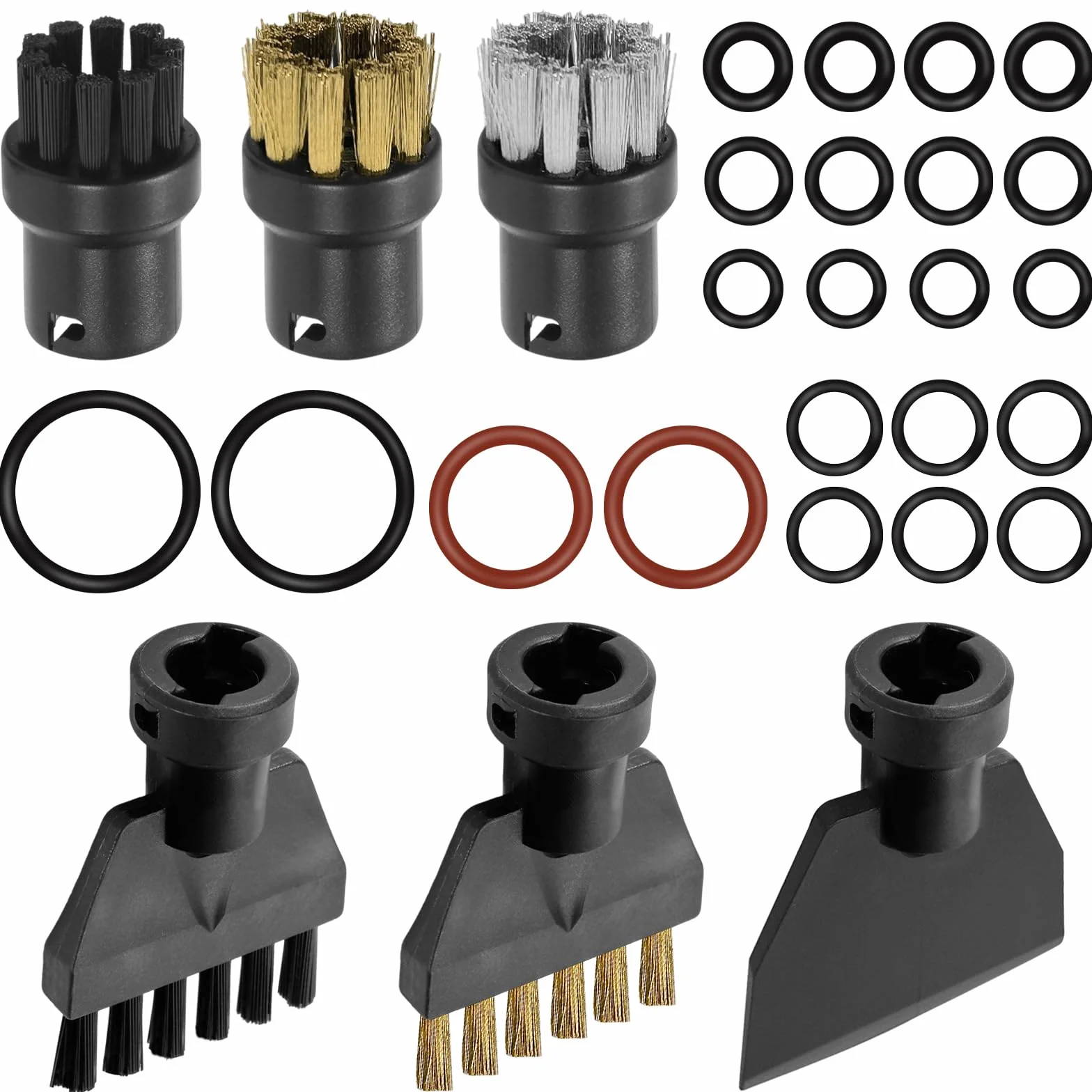 6 accesorios de limpieza a vapor compatibles con Kärcher, cepillo redondo, cepillos planos de nailon y latón, limpiador de vapor de mano, cuchara de plástico, cepillo de alambre para muebles de
