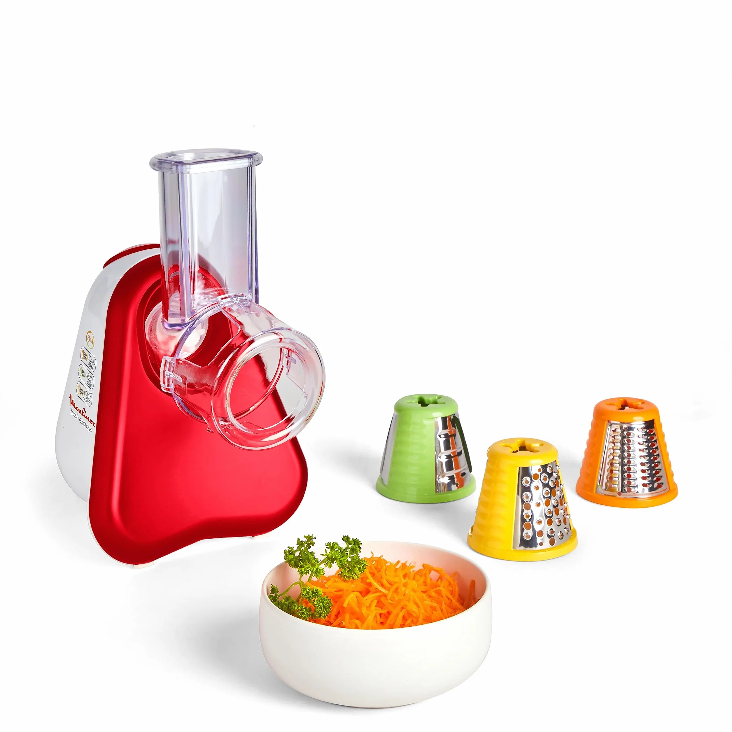 Moulinex Fresh Express DJ7535 Rallador Eléctrico 200 W 3 Funciones en 1 Cortar en Rodajas o Tiras y Rallar 3 Conos Plástico Rojo/Blanco