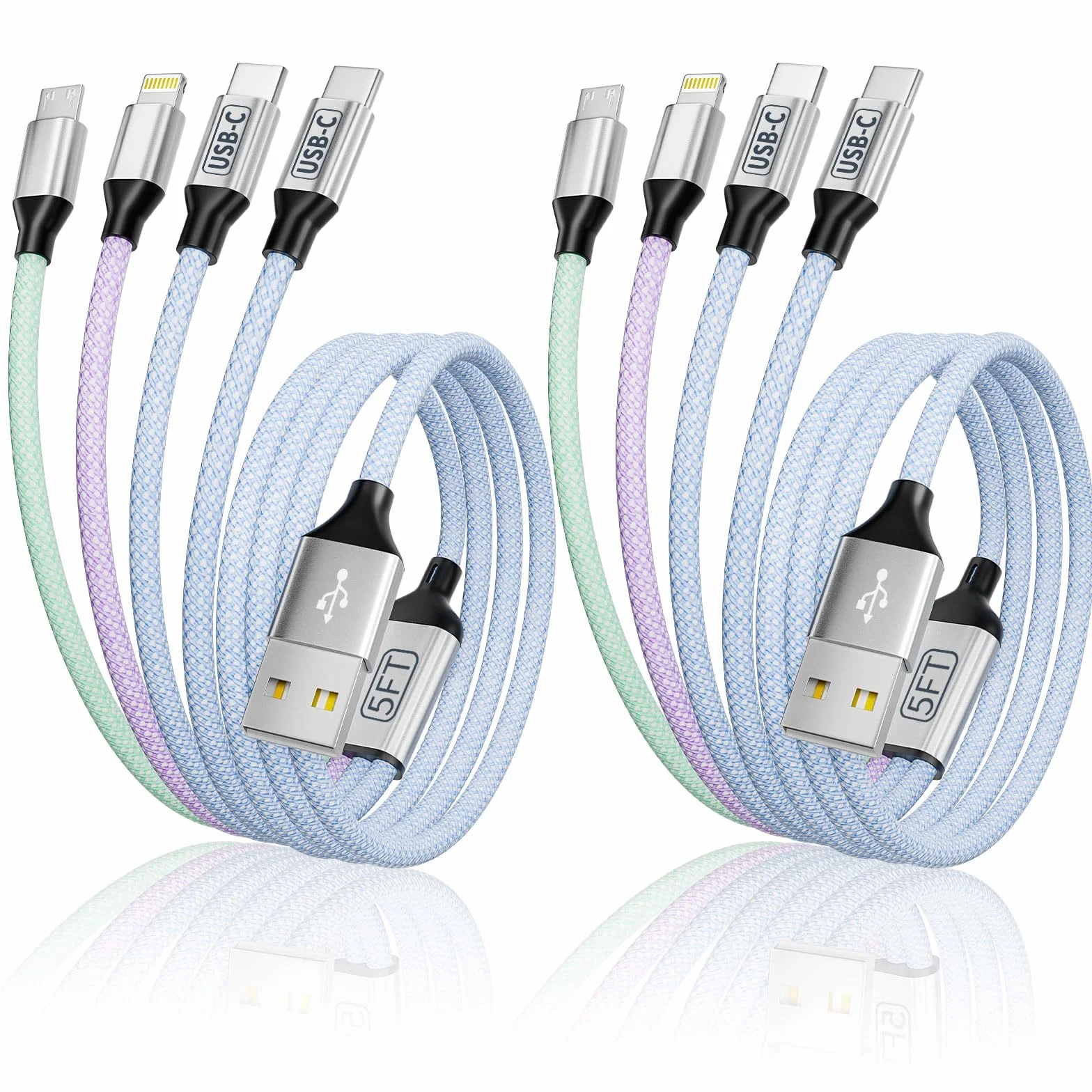 Cable de carga múltiple de dos puertos tipo C, cable USB 4 en 1, cargador de viaje para múltiples dispositivos con dos puertos tipo C/Micro/IP, [2 unidades/5 pies] esencial para todos los iPhone