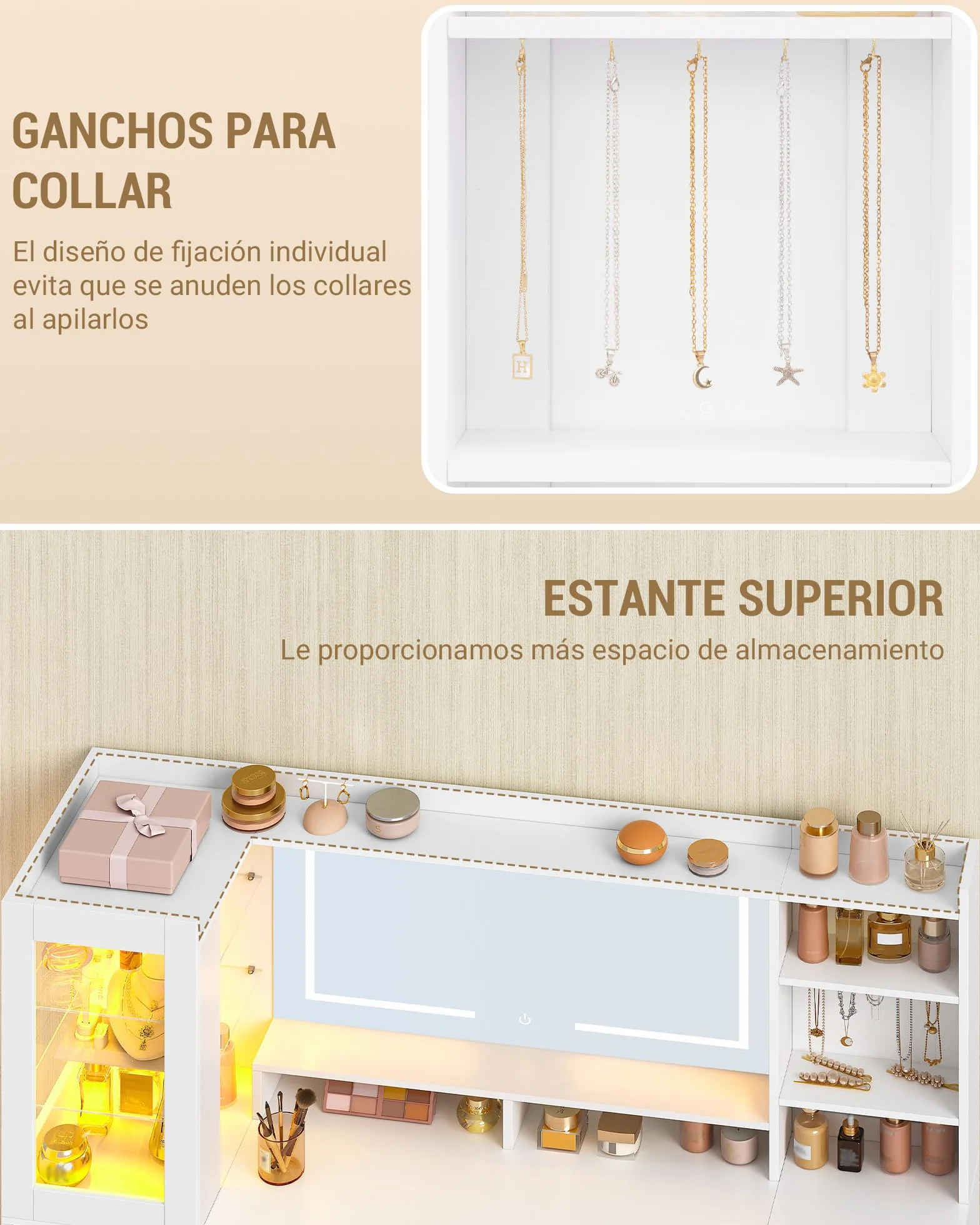 Tocador de Maquillaje Grande 140 cm con Espejo HD, Tira de Luz RGB, 10 Cajones, Blanco