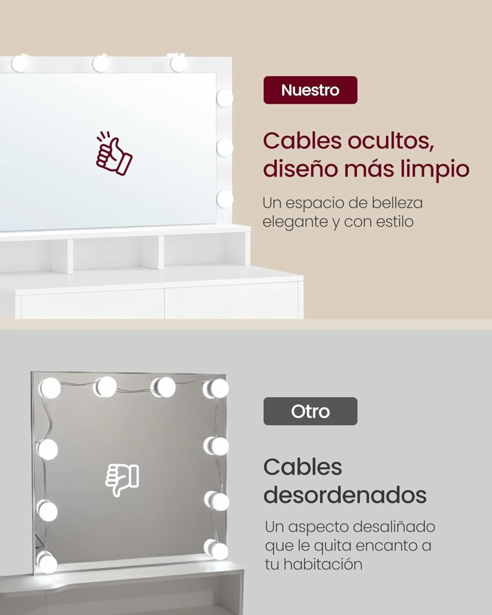 VASAGLE KAILYN Tocador Mesa de Maquillaje con Espejo Luces LED Brillo Ajustable 2 Cajones 3 Compartimentos Blanco Nube