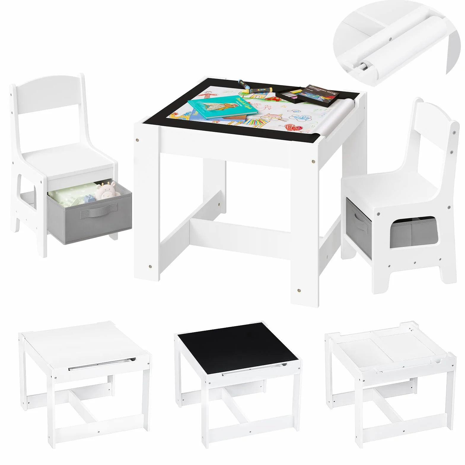 Juego de Mesa y 2 Sillas para Niños de Madera con Almacenamiento, Escritorio Reversible Blanco con Pizarra y Rodillo de Papel