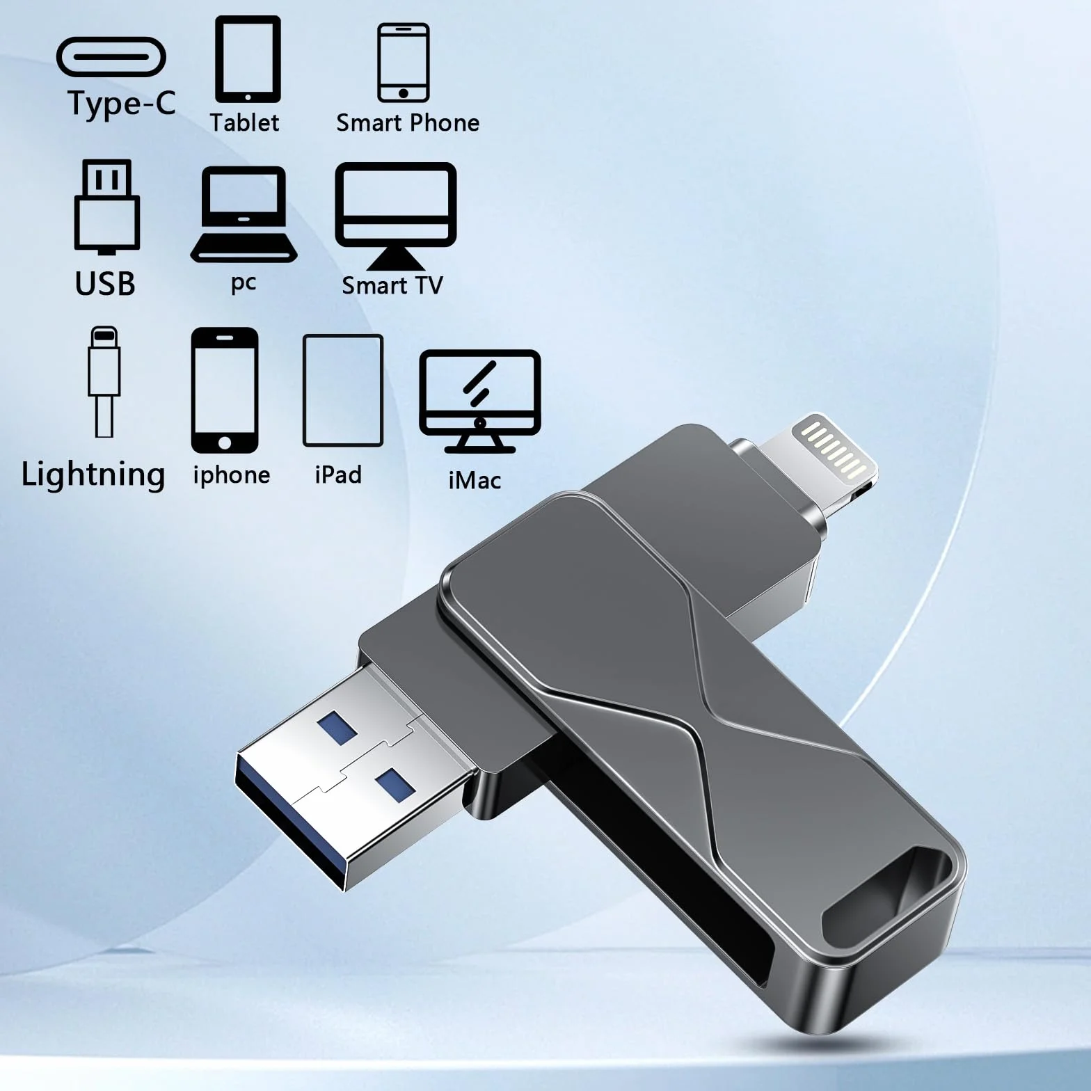 Memoria USB para iPhone, MFi Certificada, Memoria Externa Lightning, Pen Drive Lápiz USB 3 en 1 para iPhone, iPad, iOS, MacBook, Android, PC (Negro, 256GB)
