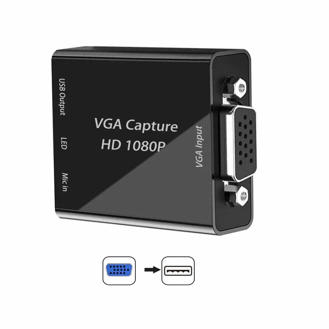 Tarjeta de captura VGA, VGA a USB dispositivo de captura con entrada de micrófono compatible con vídeo Full HD 1080P para juegos, transmisión, enseñanza, videoconferencia, transmisión en vivo