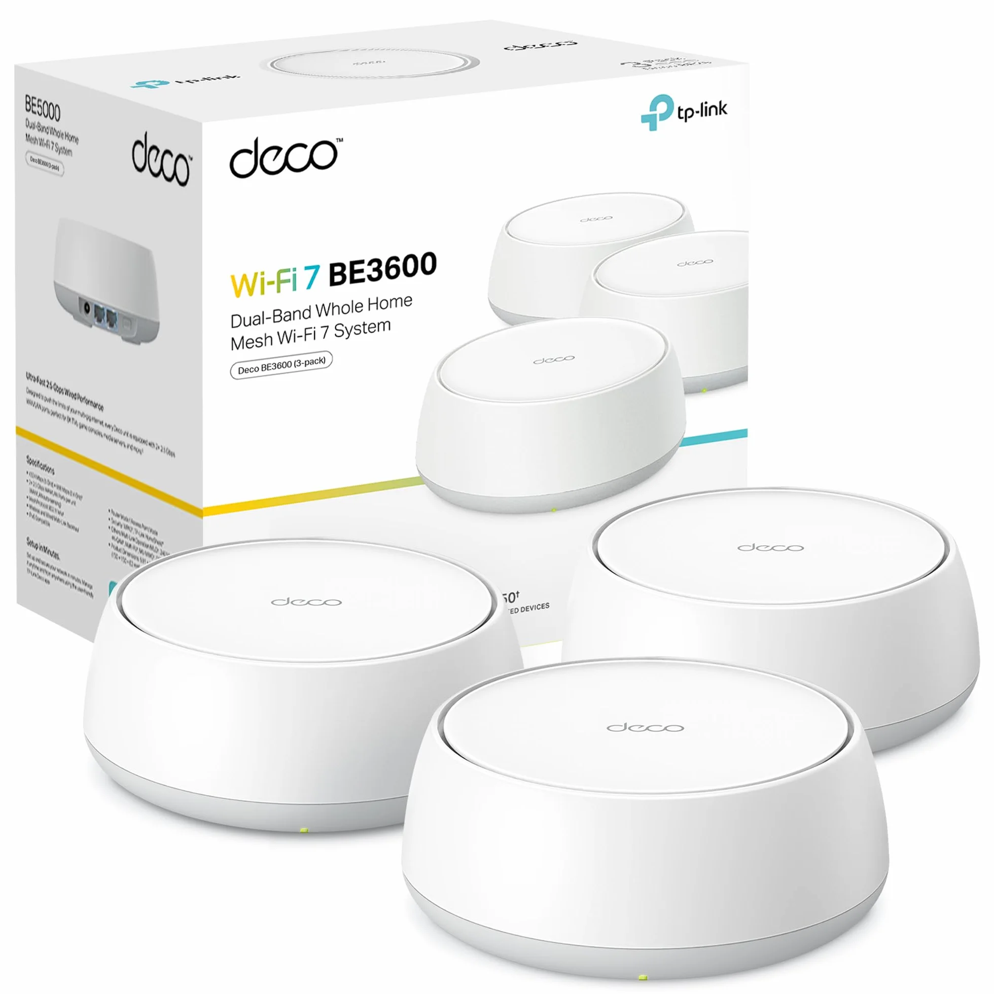 TP-Link Deco BE3600 (3-Pack) – Mesh Wi‑Fi 7 de Doble Banda hasta 3,6 GB/s, backhaul híbrido inalámbrico y por Cable, MLO, 2 Puertos Gigabit por Unidad, Seguridad HomeShield