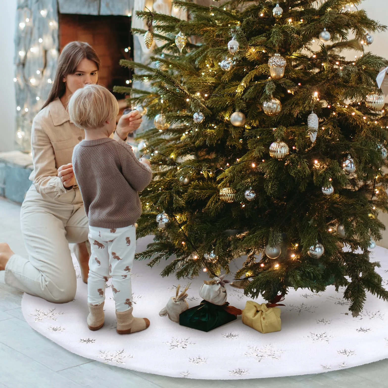 Falda Árbol de Navidad Blanco 78 CM Redondo Tapete Decoración Alfombra Manta Plata