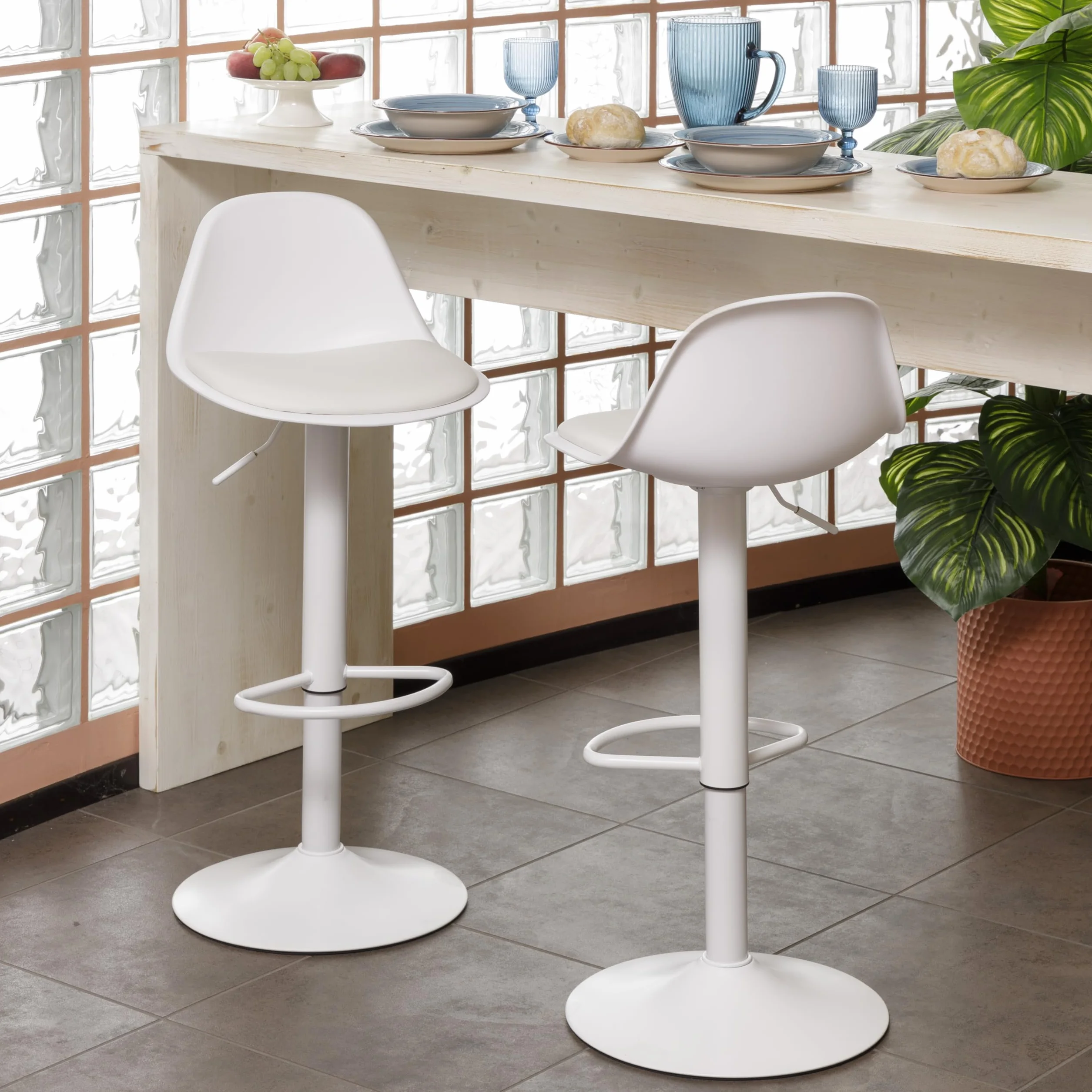 Baroni Home Taburetes de Bar Giratorio Altura Ajustable con Respaldo y Reposapies Blanco 2 Unidades 39x44x82-104 cm