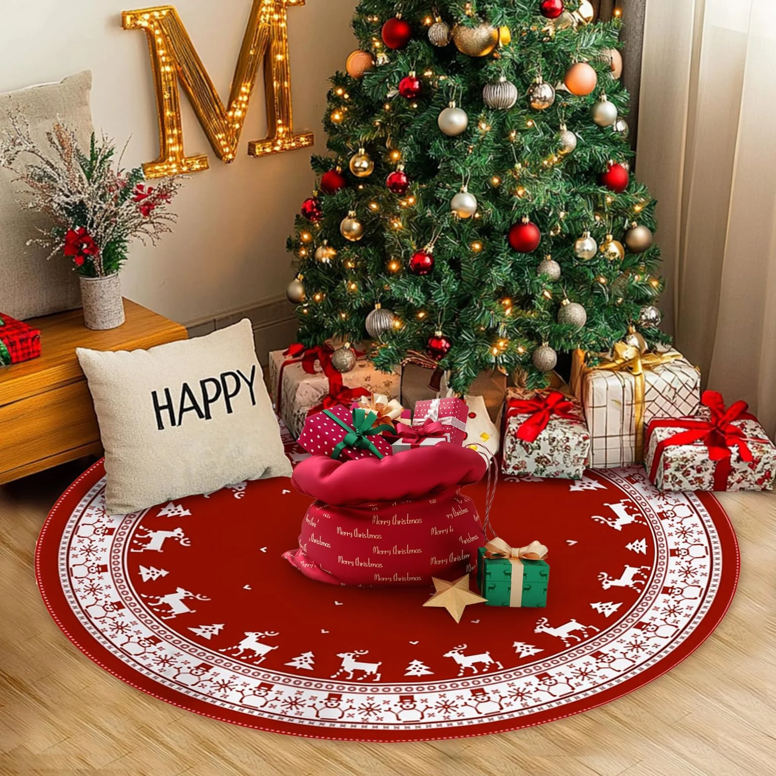 Falda de Árbol de Navidad Rojo, Felpa Cubre Pie Grande, Alfombra Redonda Navideña