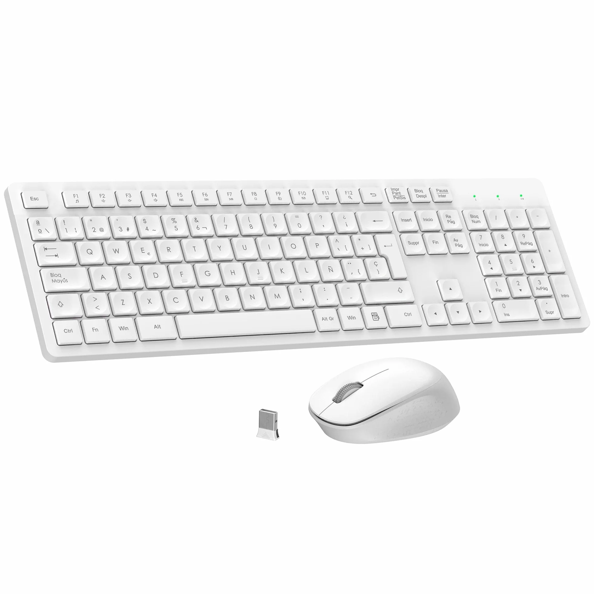 LeadsaiL Teclado y Raton Inalámbrico, Teclado y Raton Inalambrico Ergonómico, Español QWERTY, Tamaño Completo con Teclado Numérico, Receptor USB 2.4 GHz for Mac, PC, Ordenador Portátil-Blanco