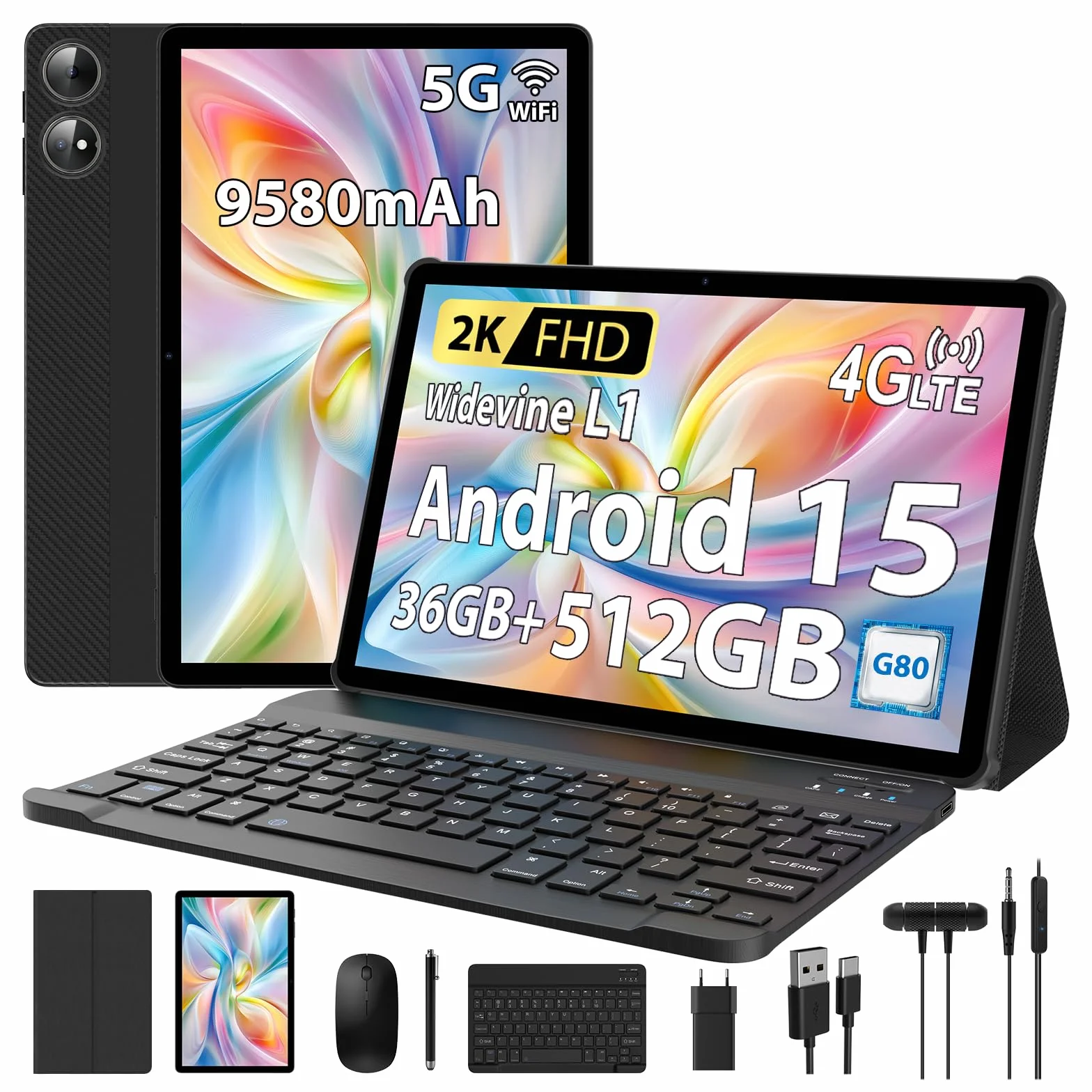 Tablet 11 Pulgadas 36GB RAM 512GB ROM Android 15 4G LTE 5G WiFi 2000x1200 Octa-Core 9580mAh Negro