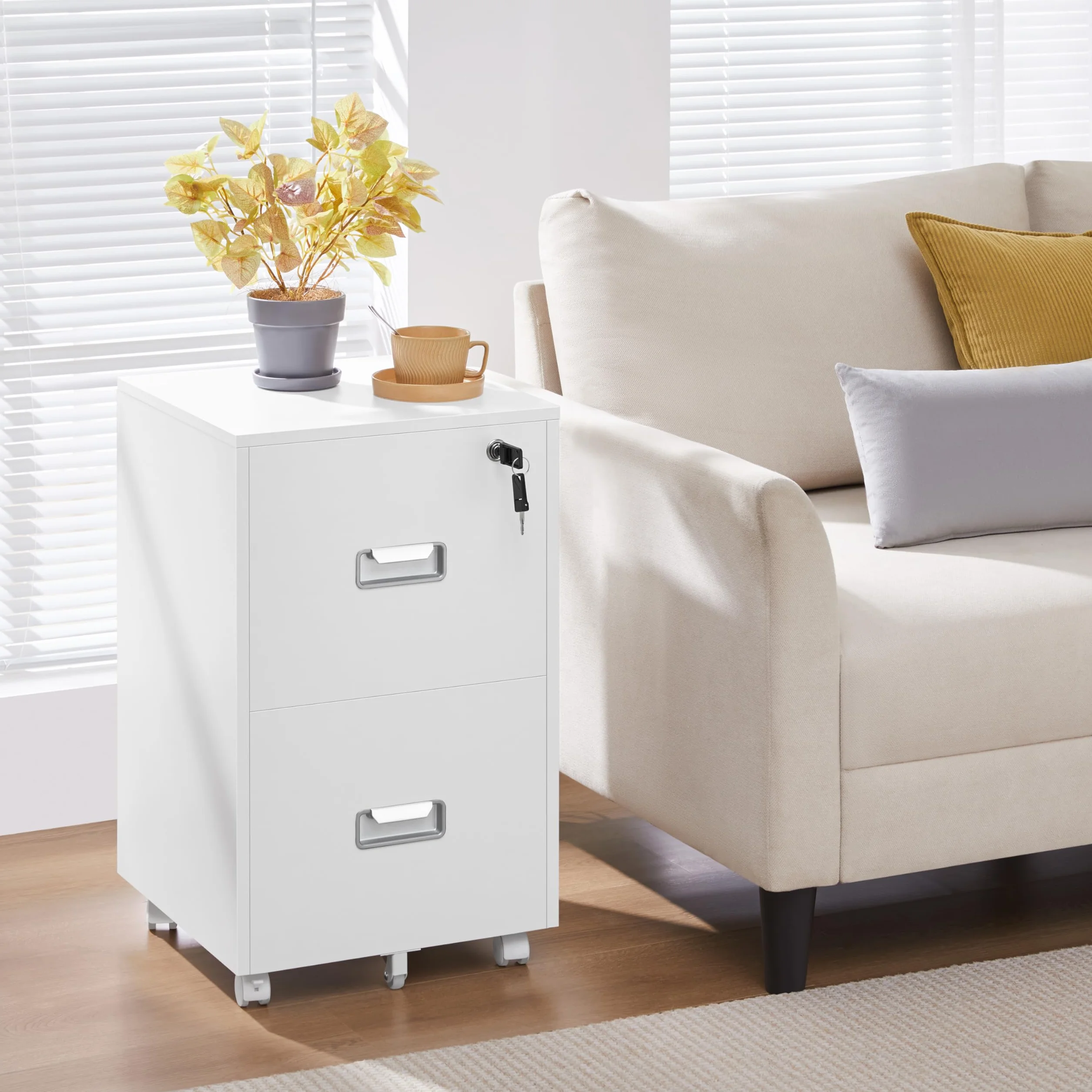 Yaheetech Cajonera Oficina Móvil 2 Cajones Cerradura Mueble Archivador Ruedas Frenos Barras Colgantes Ajustables Carpetas A4 Carta 40x40x66,5 cm Blanco