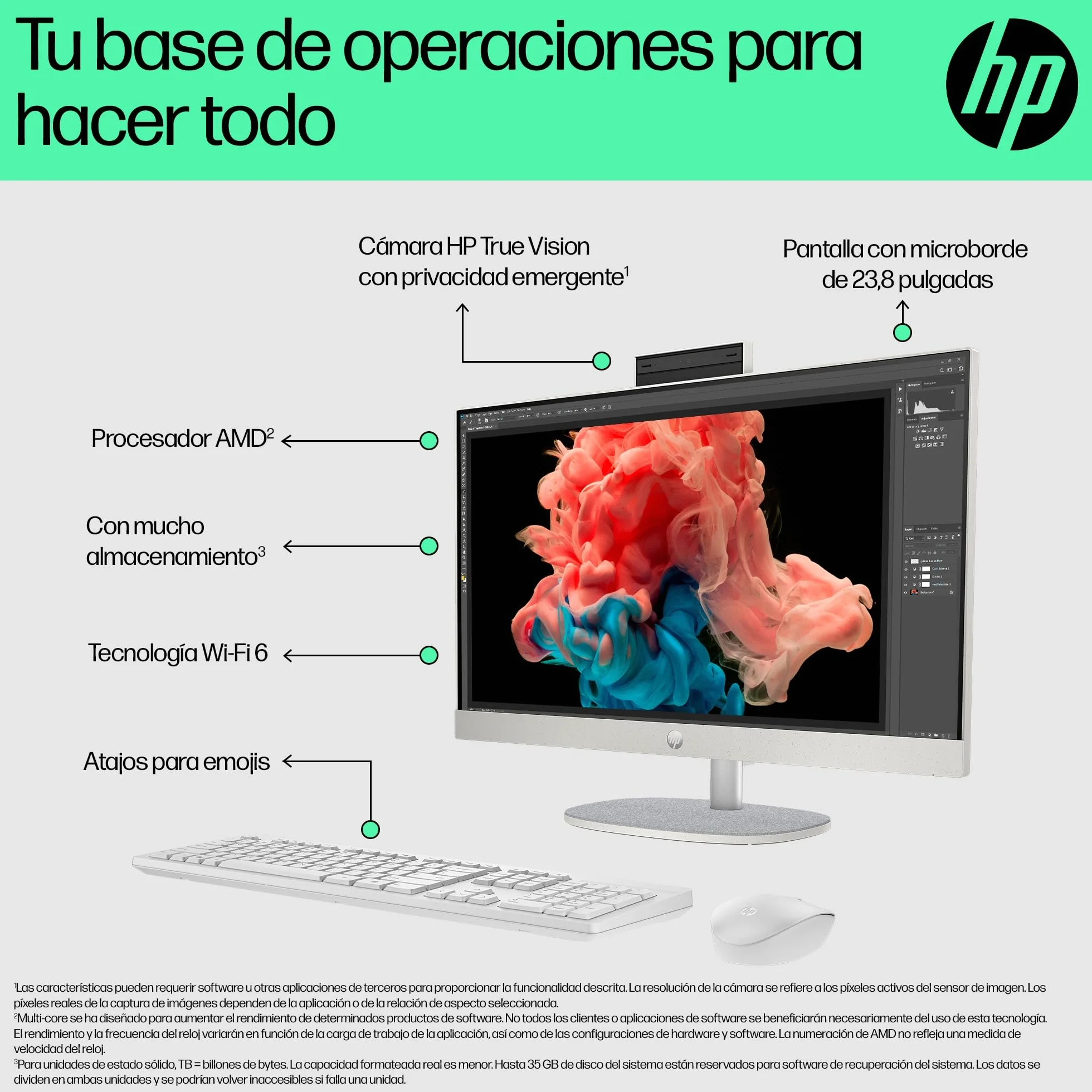 HP All-in-One 24-cr0007ss - Ordenador de sobremesa 23,8" Full HD con cámara, Teclado y ratón inalámbricos (AMD Ryzen 5 7520U, 16GB RAM, 512GB SSD, AMD Radeon Graphics, Windows 11 Home) Blanco