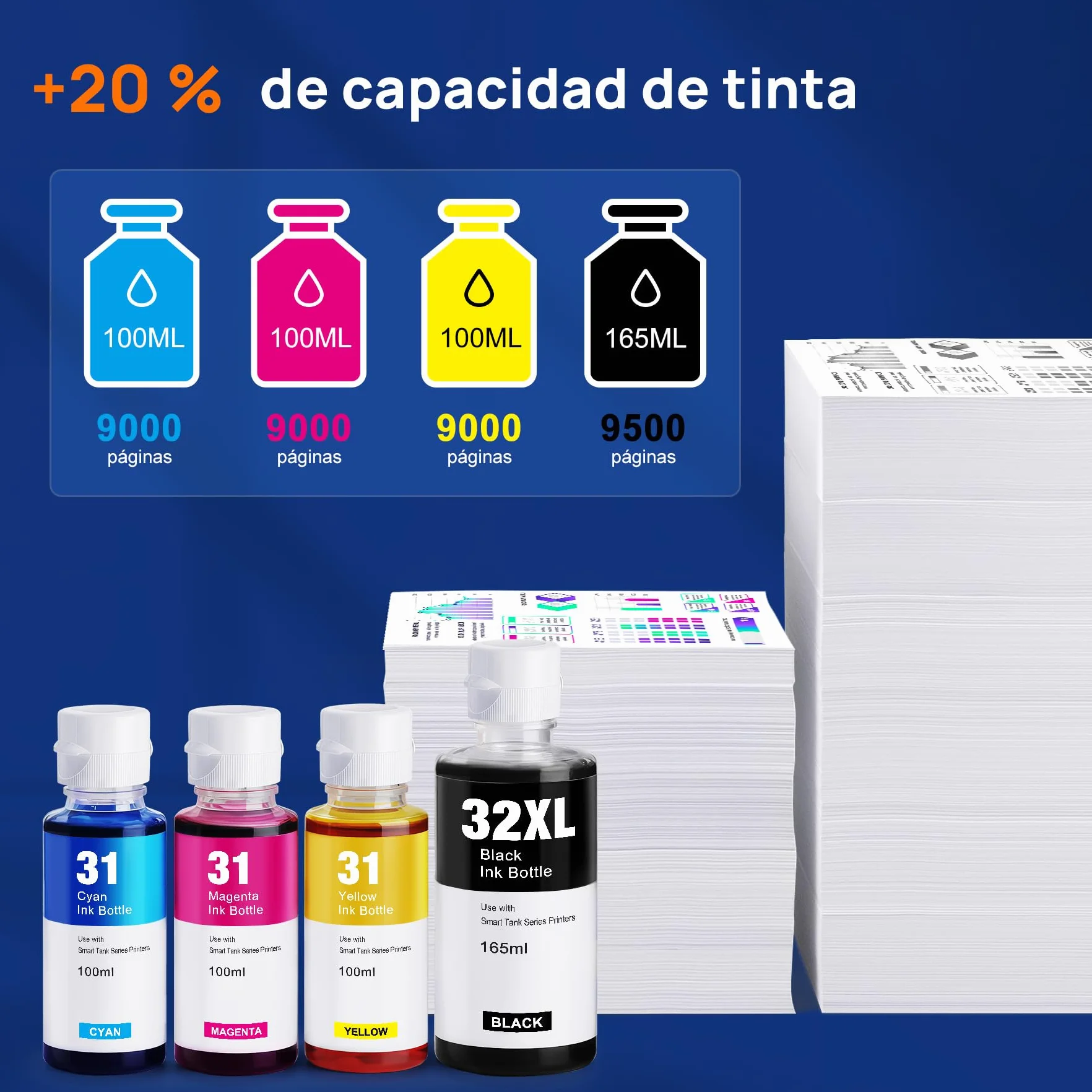Denvoer 31 32XL Tinta Compatible con Tinta HP 31 32XL y HP Smart Tank 5105 Tinta para HP Smart Tank 5106 7005 7605 7306 7606 y HP Smart Tank Plus 555 455 515 530 655 750 Impresoras (4 Botellas)