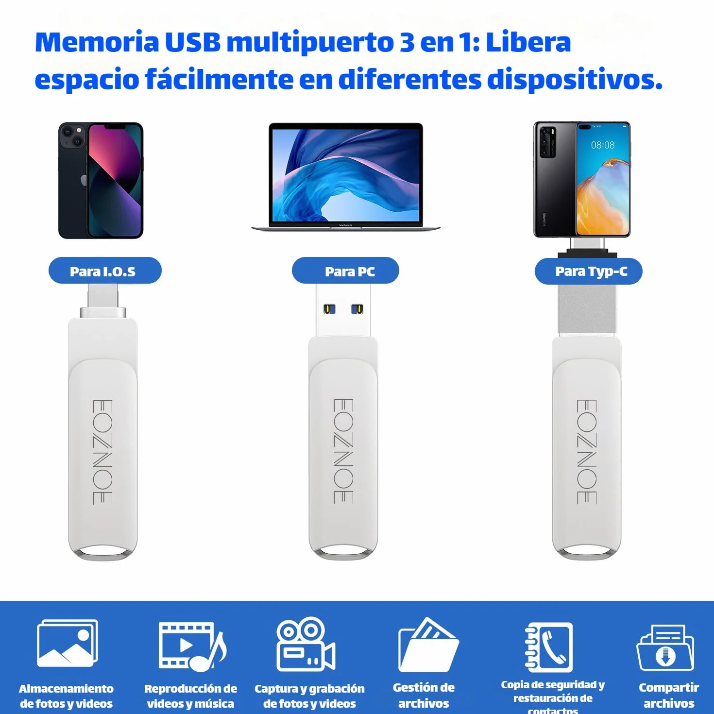 Pendrive 256GB para iPhone, Phone Memoria USB Almacenamiento Externo para Guardar Más Fotos Vídeos, 3 en 1 Memoria Externa de Alta Velocidad Compatible con Phone/Pad/Android/PC