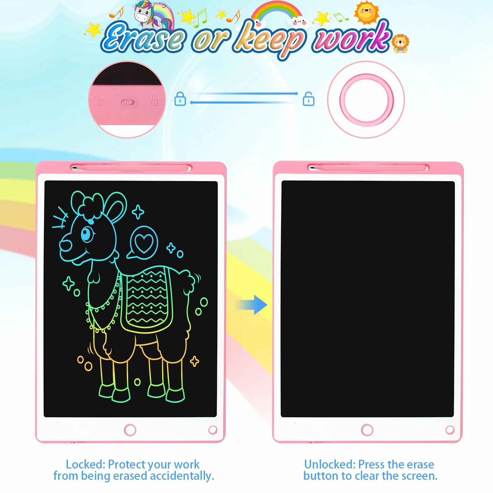 Tableta Escritura LCD Color 8.5 Pulgadas, Tablet Escritura Niños, Pizarra Digital con Botón De Eliminación de Pantalla e Interruptor de Bloqueo para Juegos para 2 3 4 5 6 7 Años, Rosa