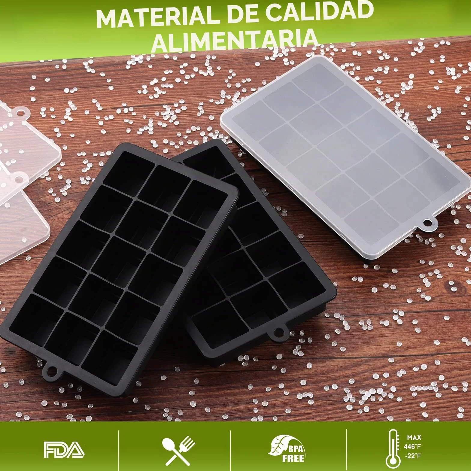 Bandejas de Cubitos de Hielo Silicona con Tapa, 3 Piezas, Moldes Cuadrados Grandes de 3,5cm, 45 Cubos