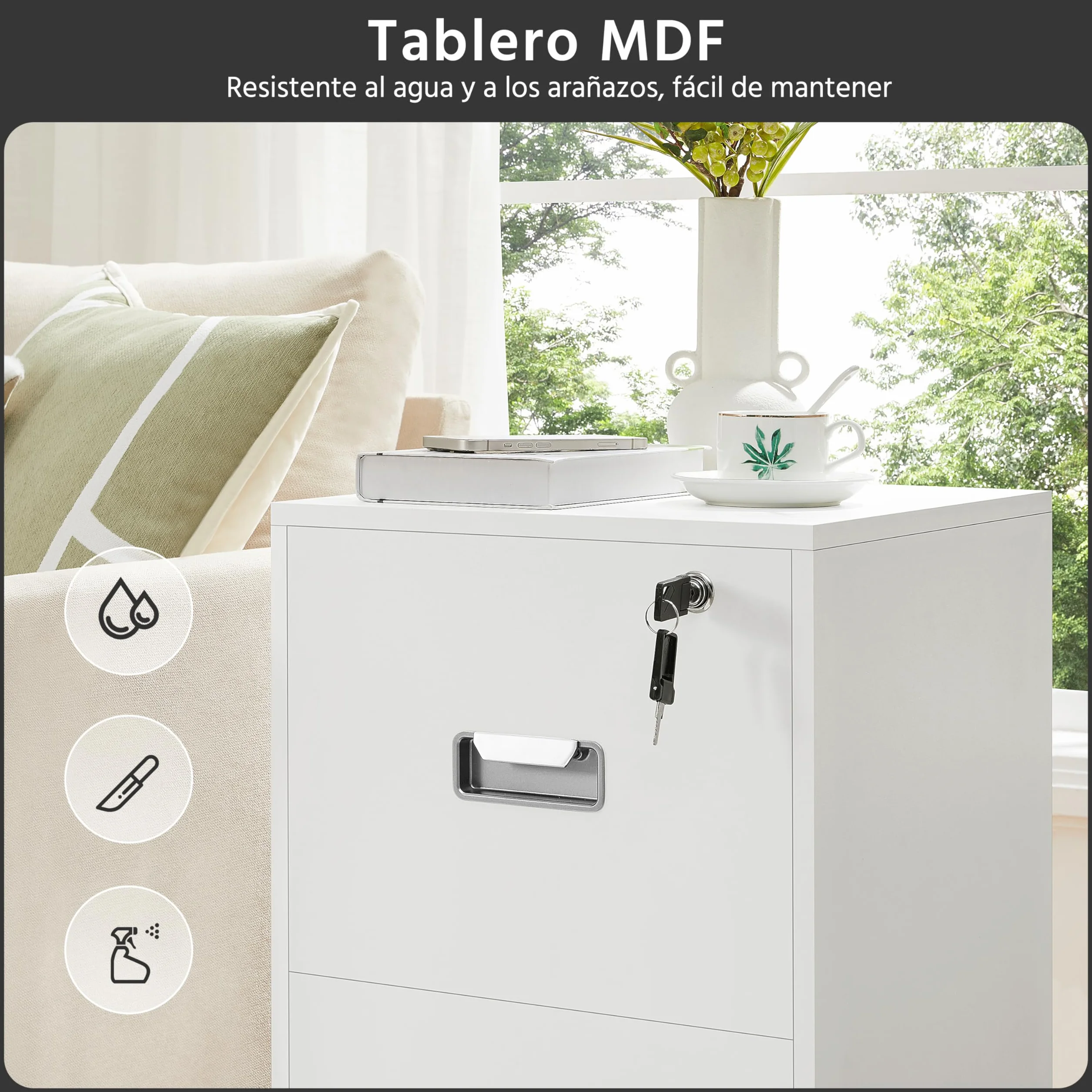 Yaheetech Cajonera Oficina Móvil 2 Cajones Cerradura Mueble Archivador Ruedas Frenos Barras Colgantes Ajustables Carpetas A4 Carta 40x40x66,5 cm Blanco