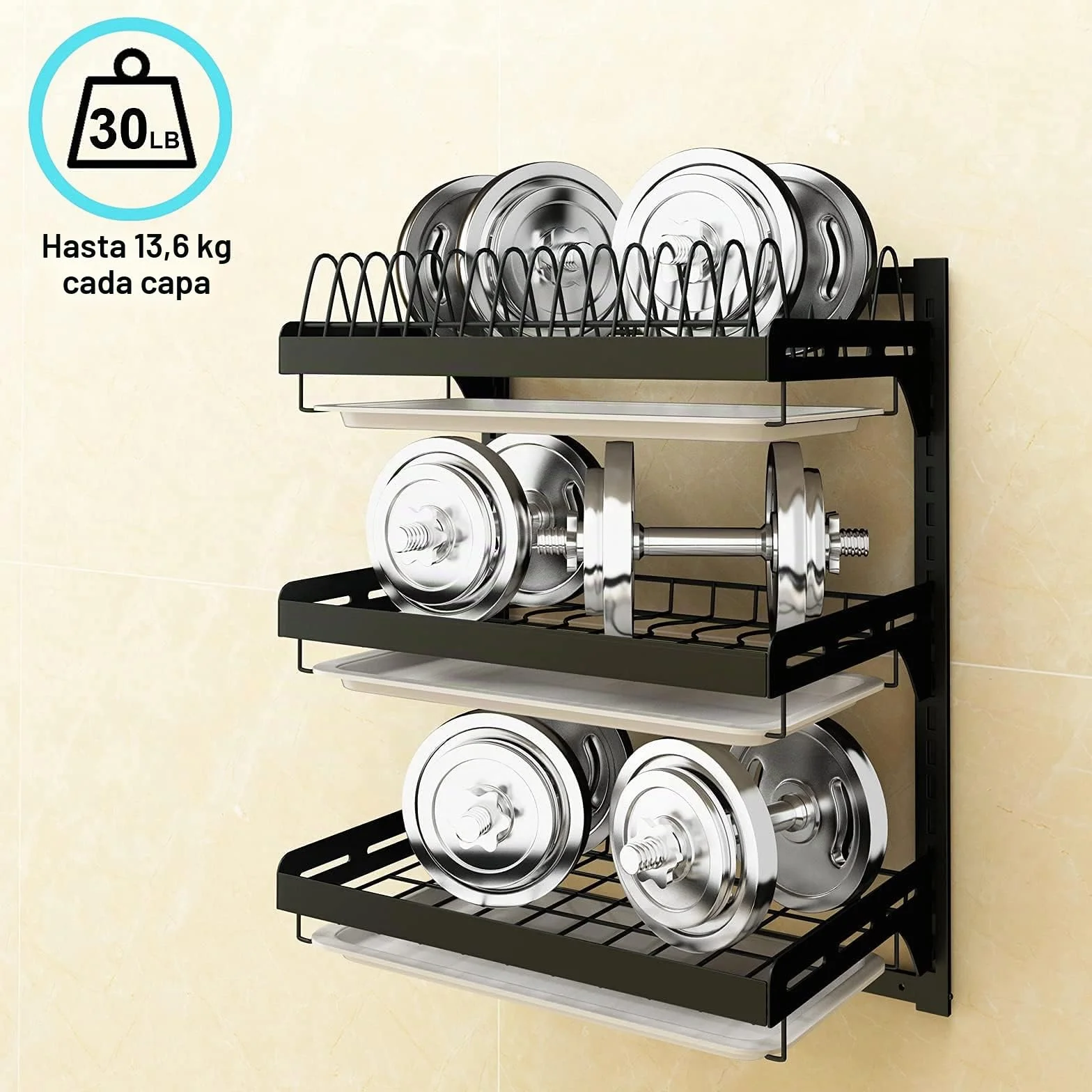 Estante de secado de platos de acero inoxidable montado en la pared, 3 niveles con escurridor