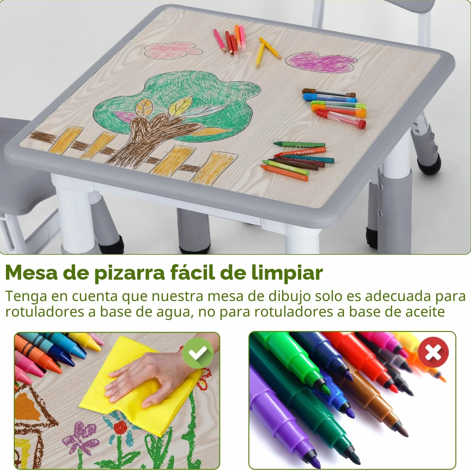 MAMIZO Mesa Infantil con 2 Sillas Ajustable, Muebles de Plástico para Niños, Gris Cuadrada