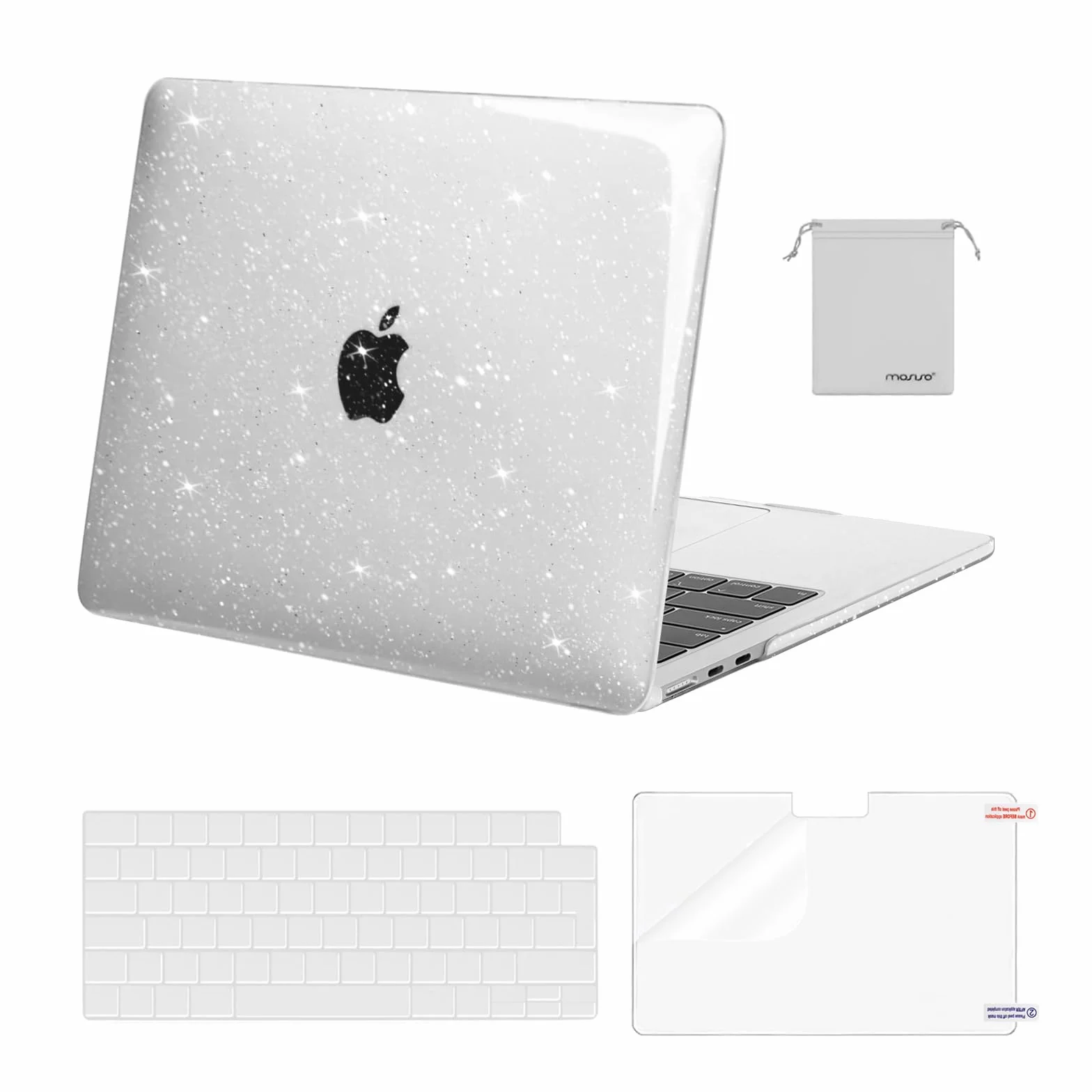 MOSISO Funda Compatible con MacBook Air 13,6 Pulgadas M5 M4 M3 M2 2026 2025-2022 A3449 A3240 A3113 A2681, Purpurina Brillante Carcasa&Teclado Tapa&Protector Pantalla&Bolsa Almacenaje,Transparente